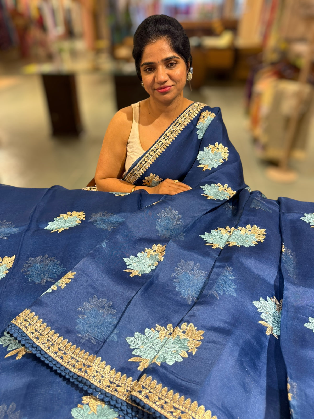 Blue pure Organza with embroidery