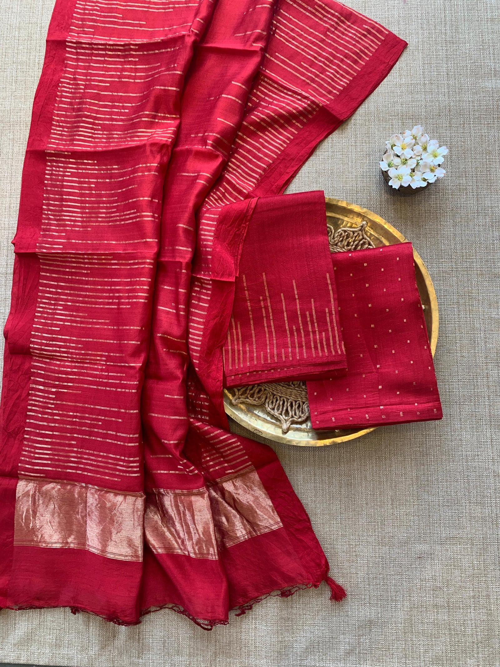 Chilli Red  Banarasi Handloom Chiniya Silk 3-pc Suit Set