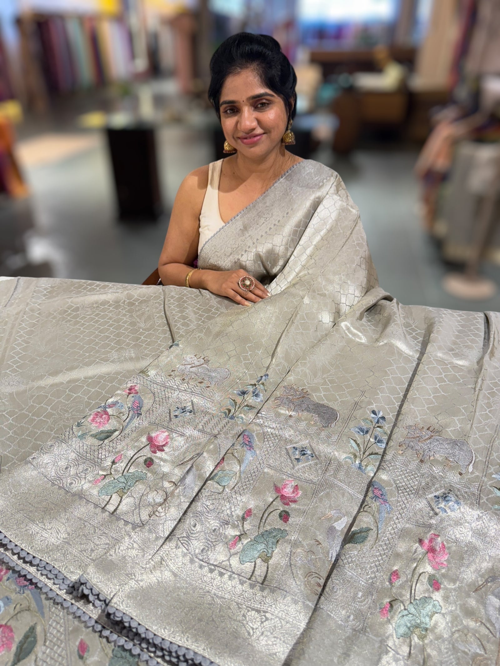 Silverish Grey Fancy Banarasi saree with embroidery