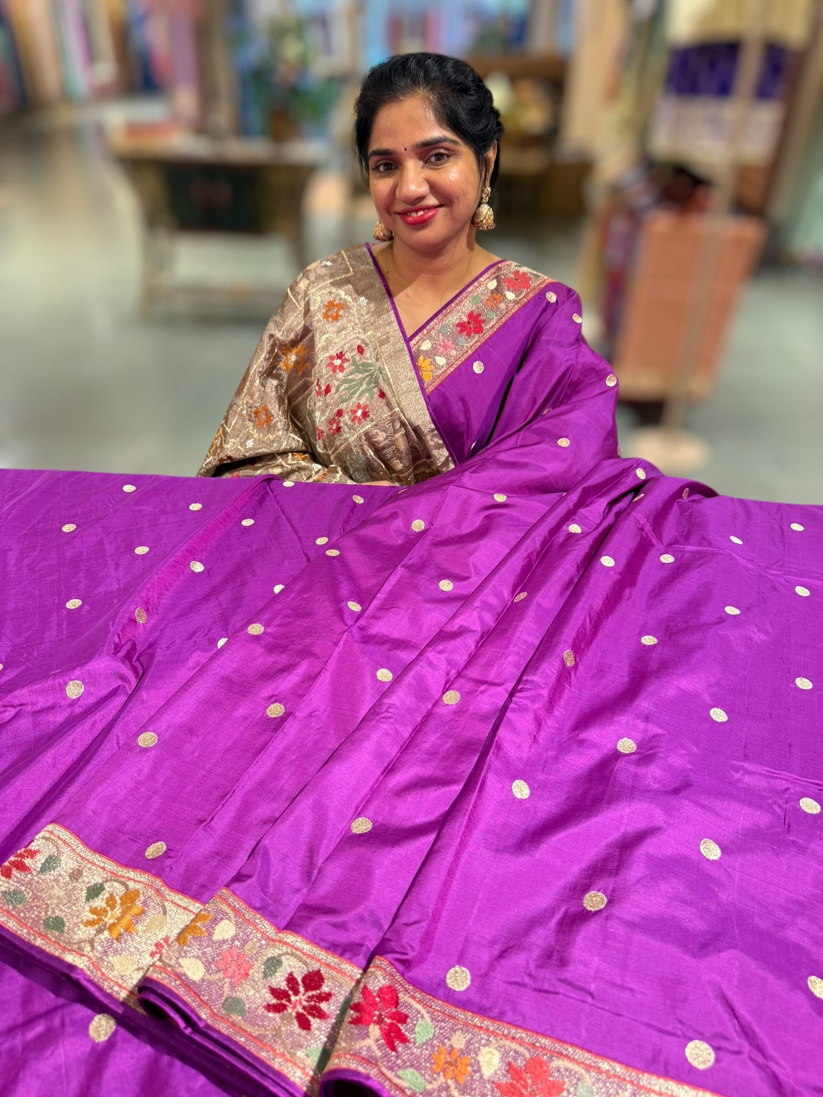 Majenta Kanchi soft silk saree with pythani and jamdani inspired embroidery
