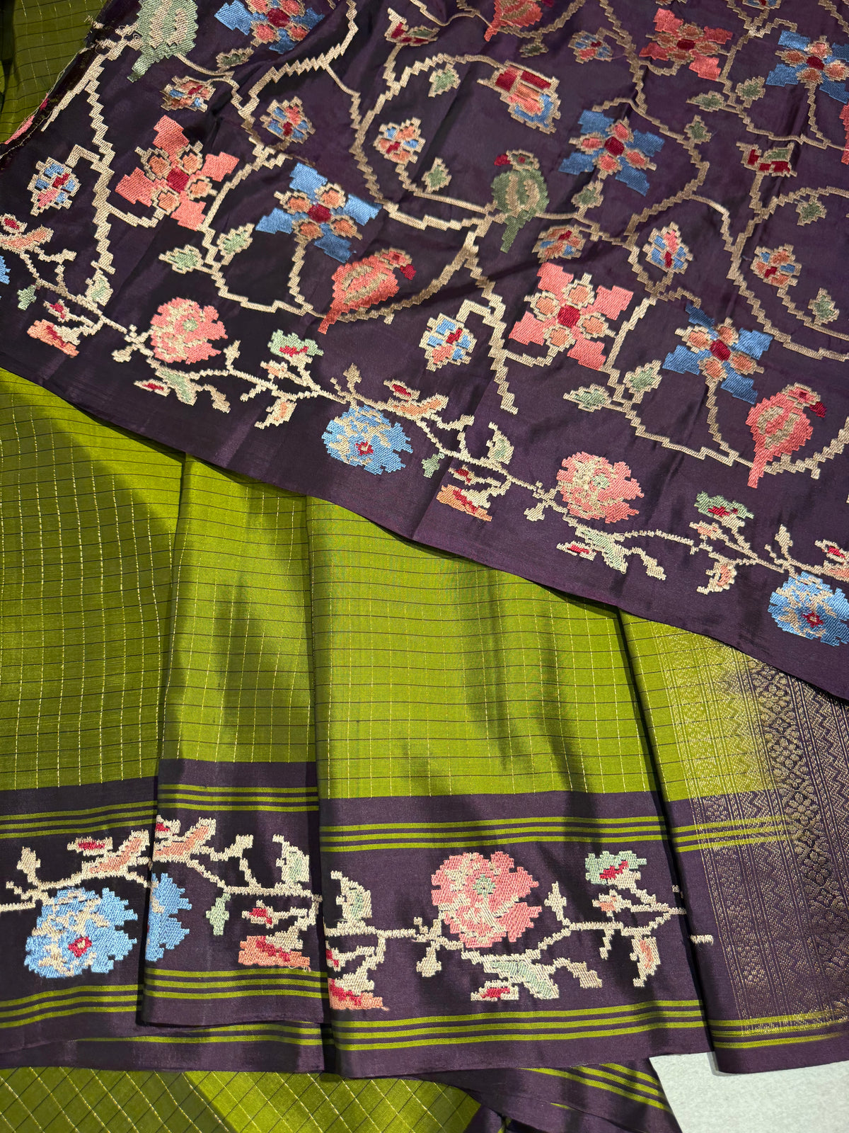Leaf Green & Grape Wine Combo Vintage Kanchi soft silk saree with embroidery