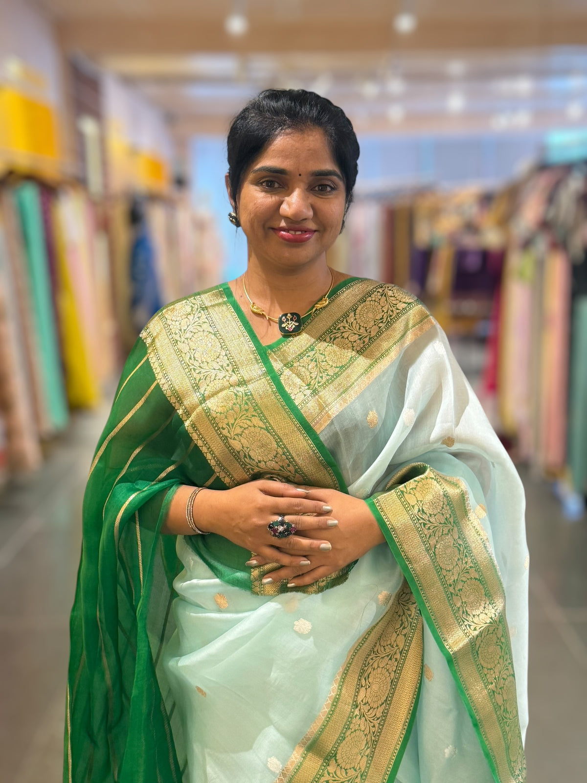 Pastel Blue & Emerald Green combo Pure Handloom premium Kora Banarasi Saree