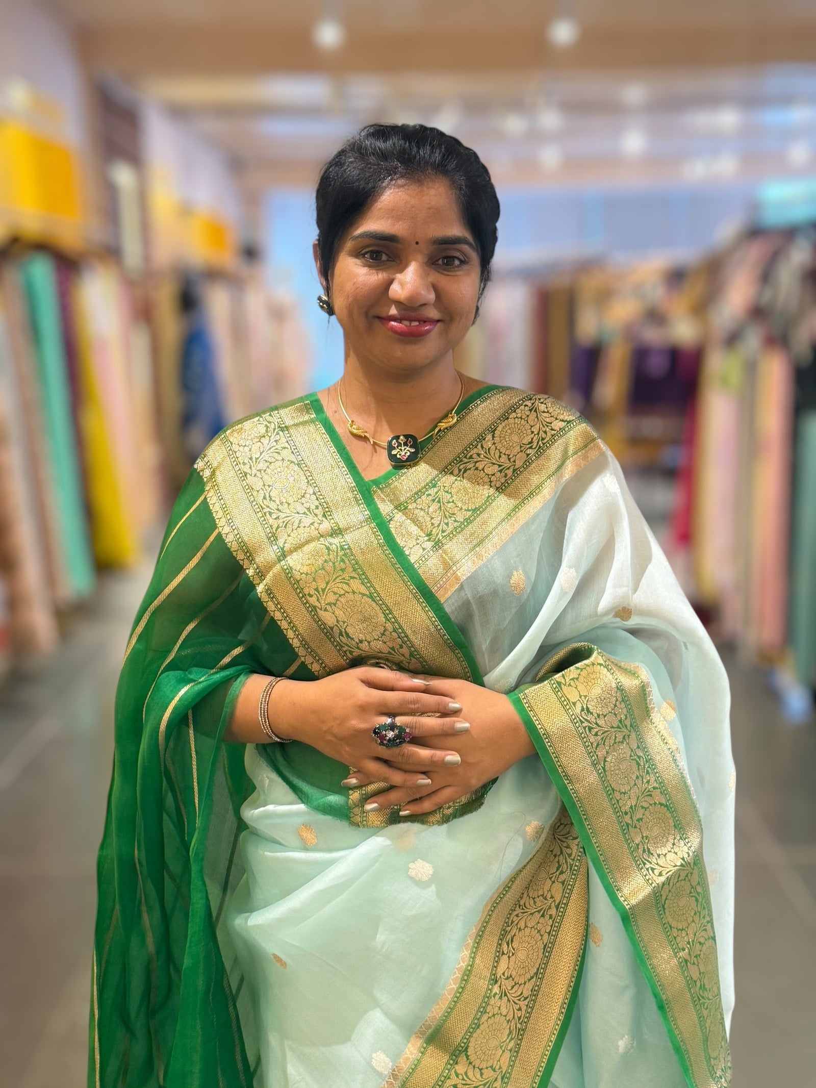 Pastel Blue & Emerald Green combo Pure Handloom premium Kora Banarasi Saree