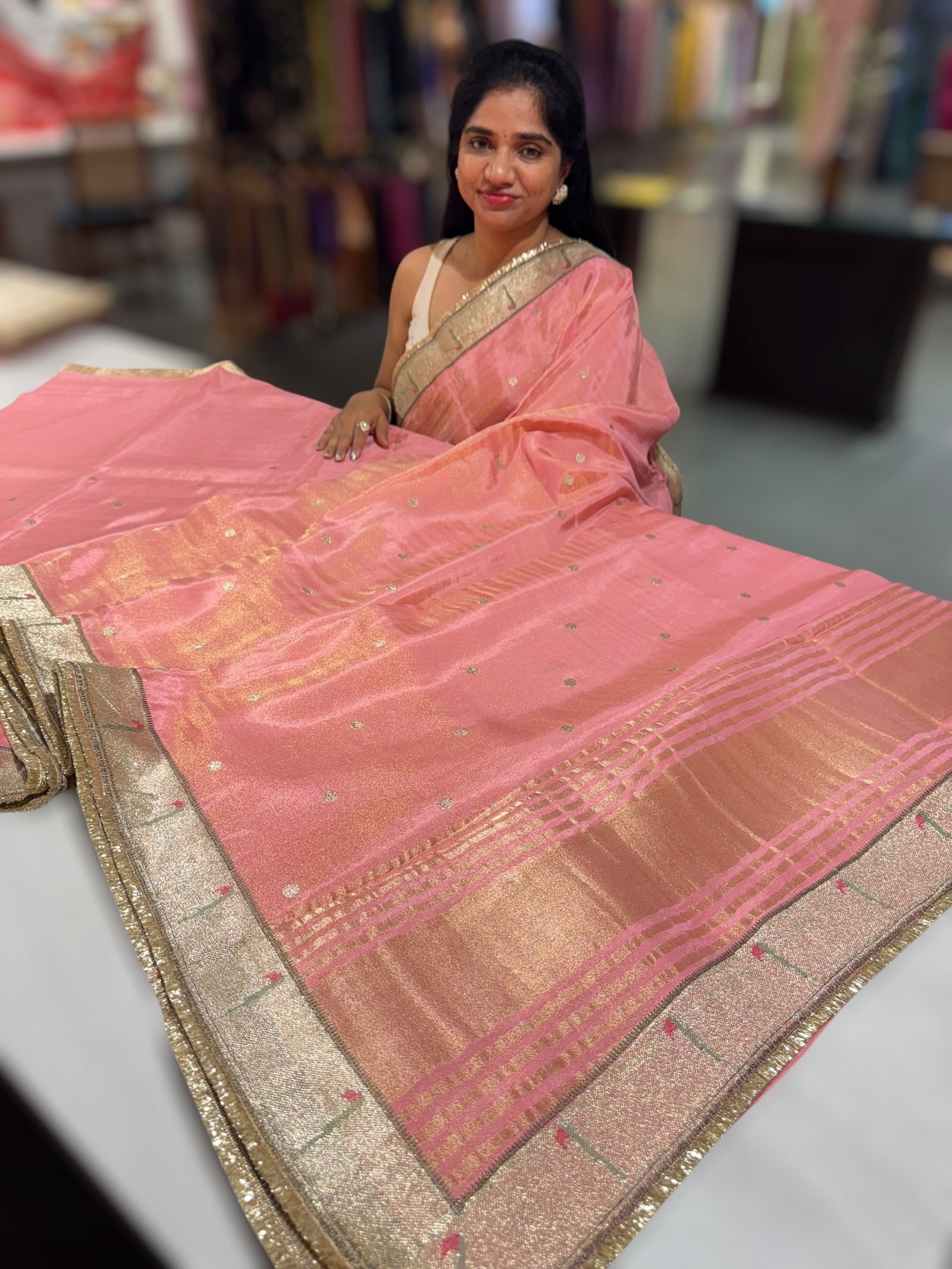 Neon Pink Tissue Saree with pythani tissue embroidered border