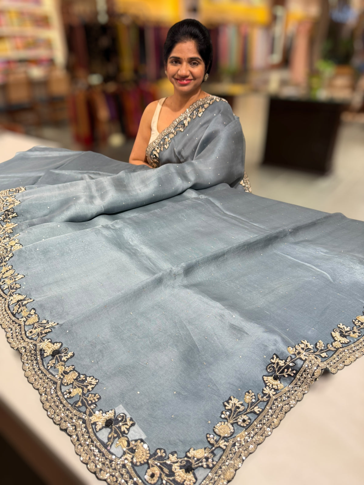 Grey pure organza with handwork