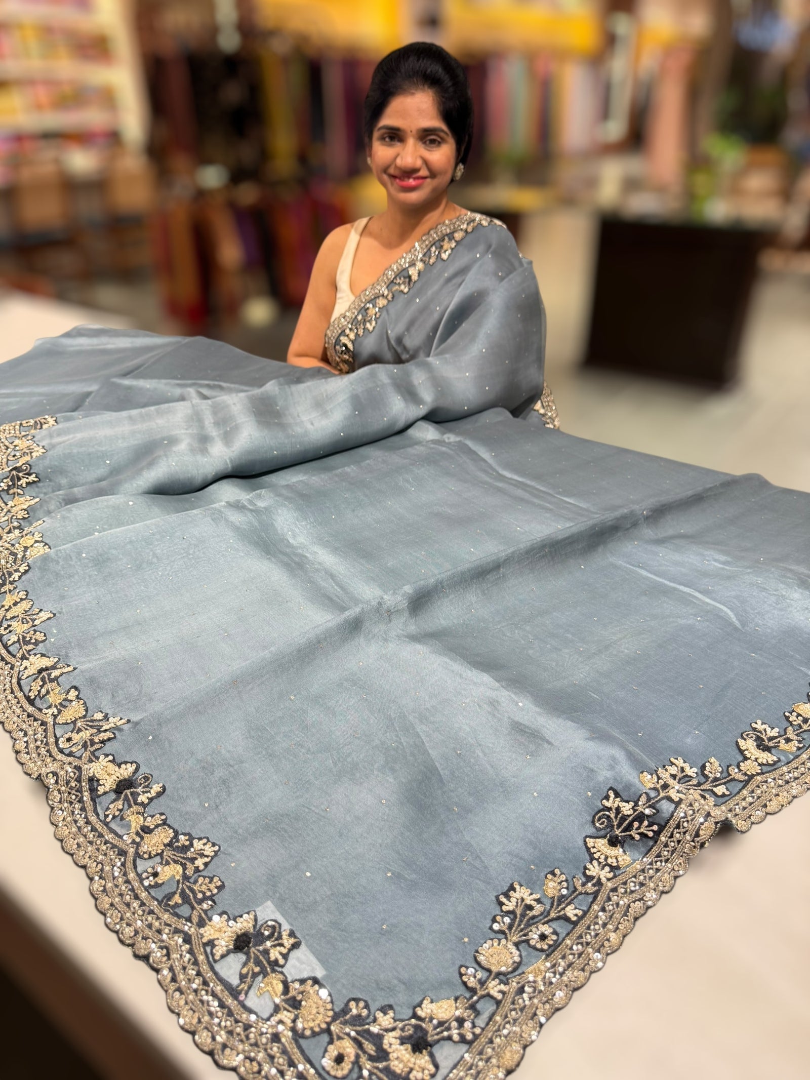 Grey pure organza with handwork