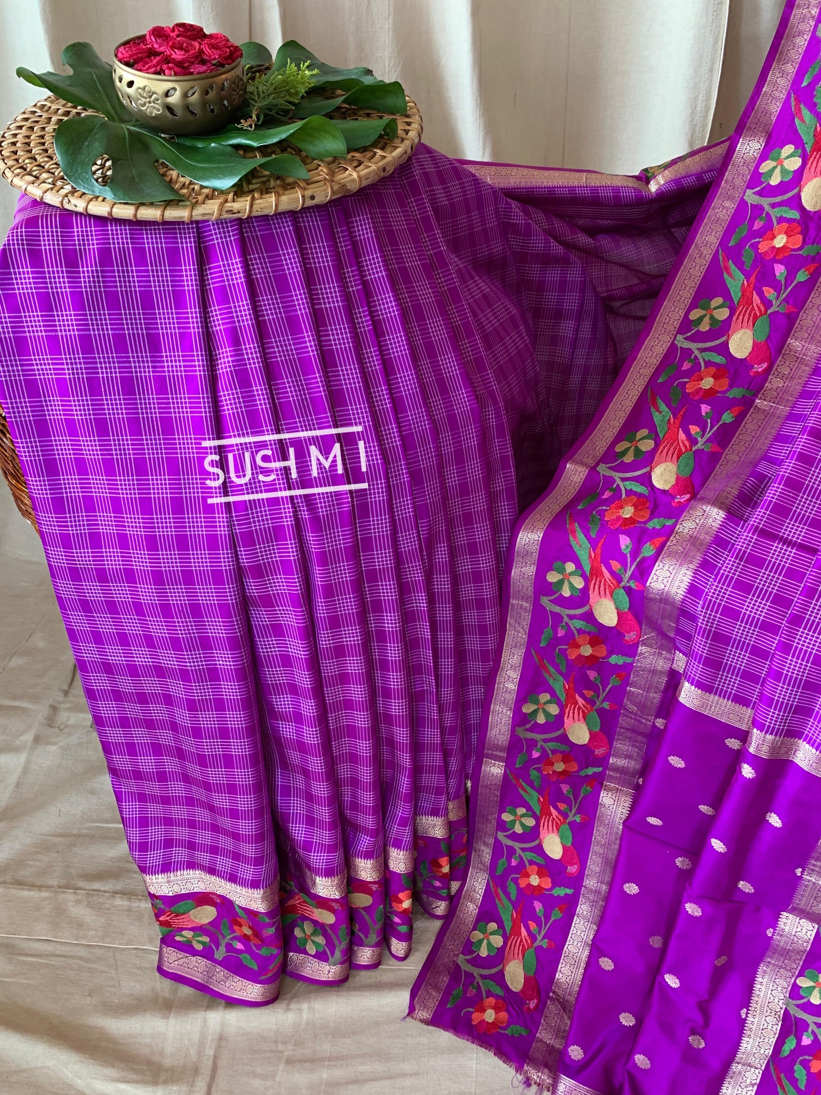 Majenta Vintage checks Kanjeevaram soft silk saree with embroidery D62F041