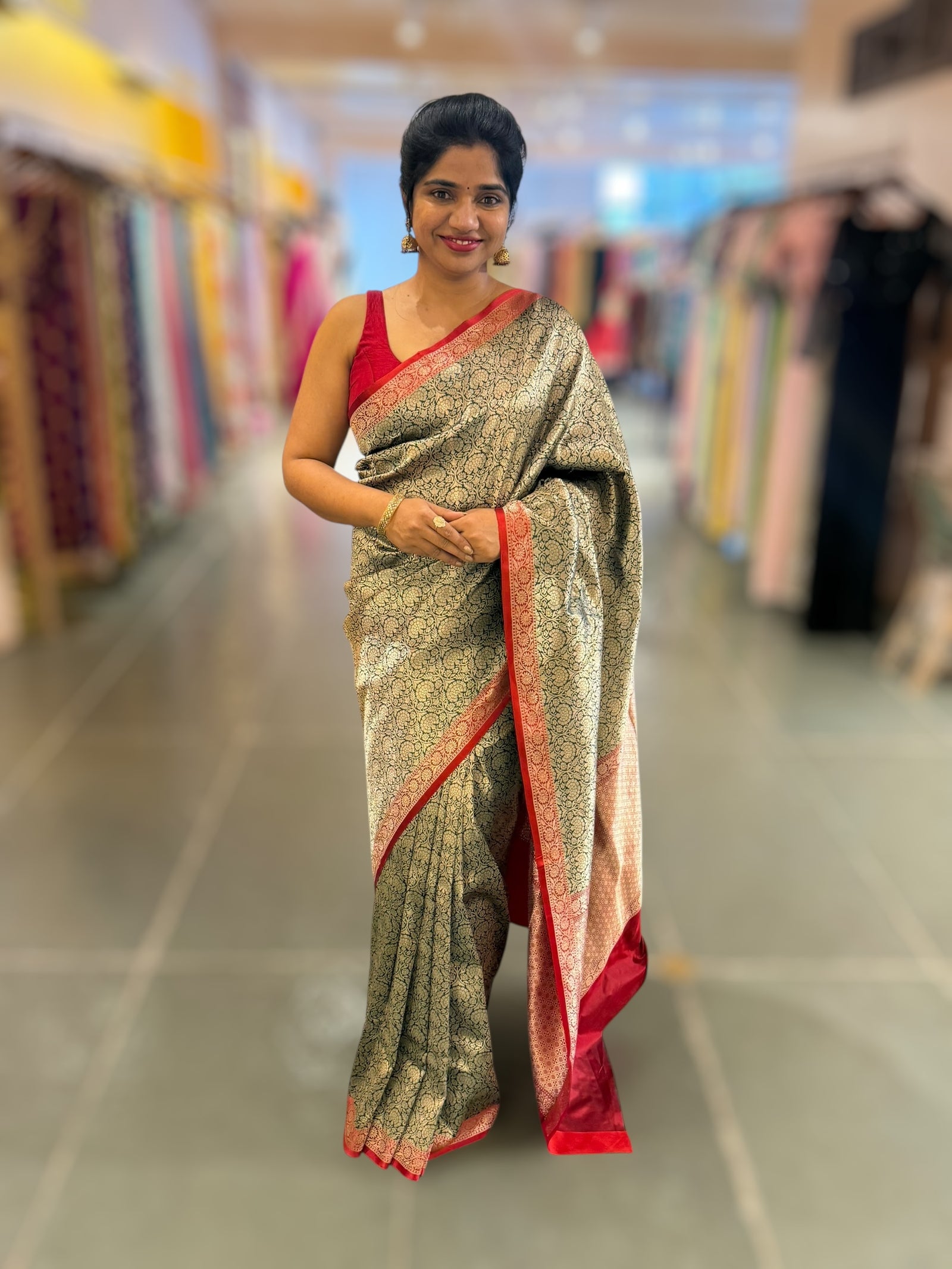 Bottle Green Banarasi katan Tonchoi weaving Saree with red Mashru borders