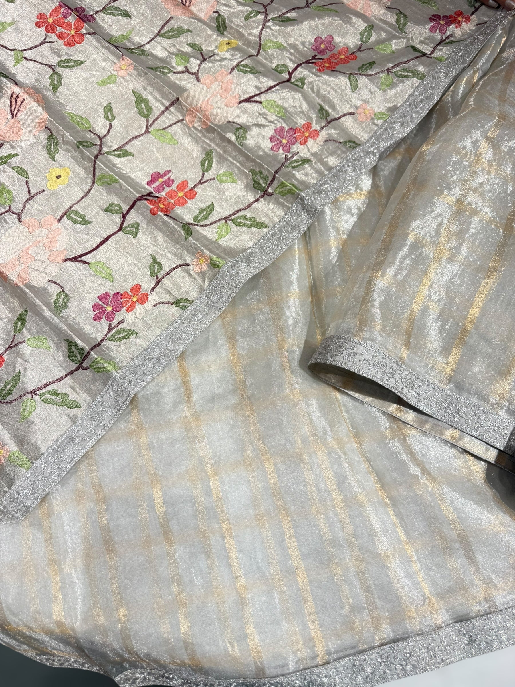 Silver Tissue Pure Handloom Tissue checks Saree with sabyasachi borders