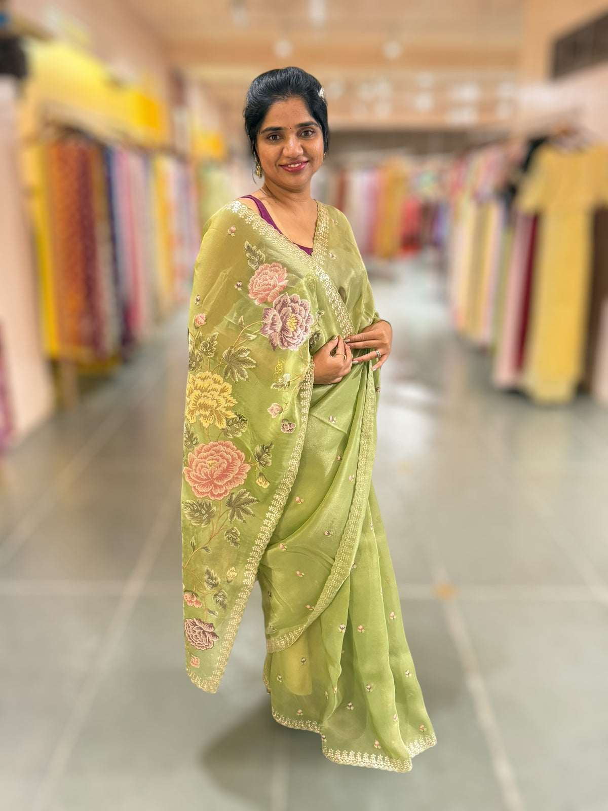 Light Olive Green Tissue Georgette Saree with petite point emb
