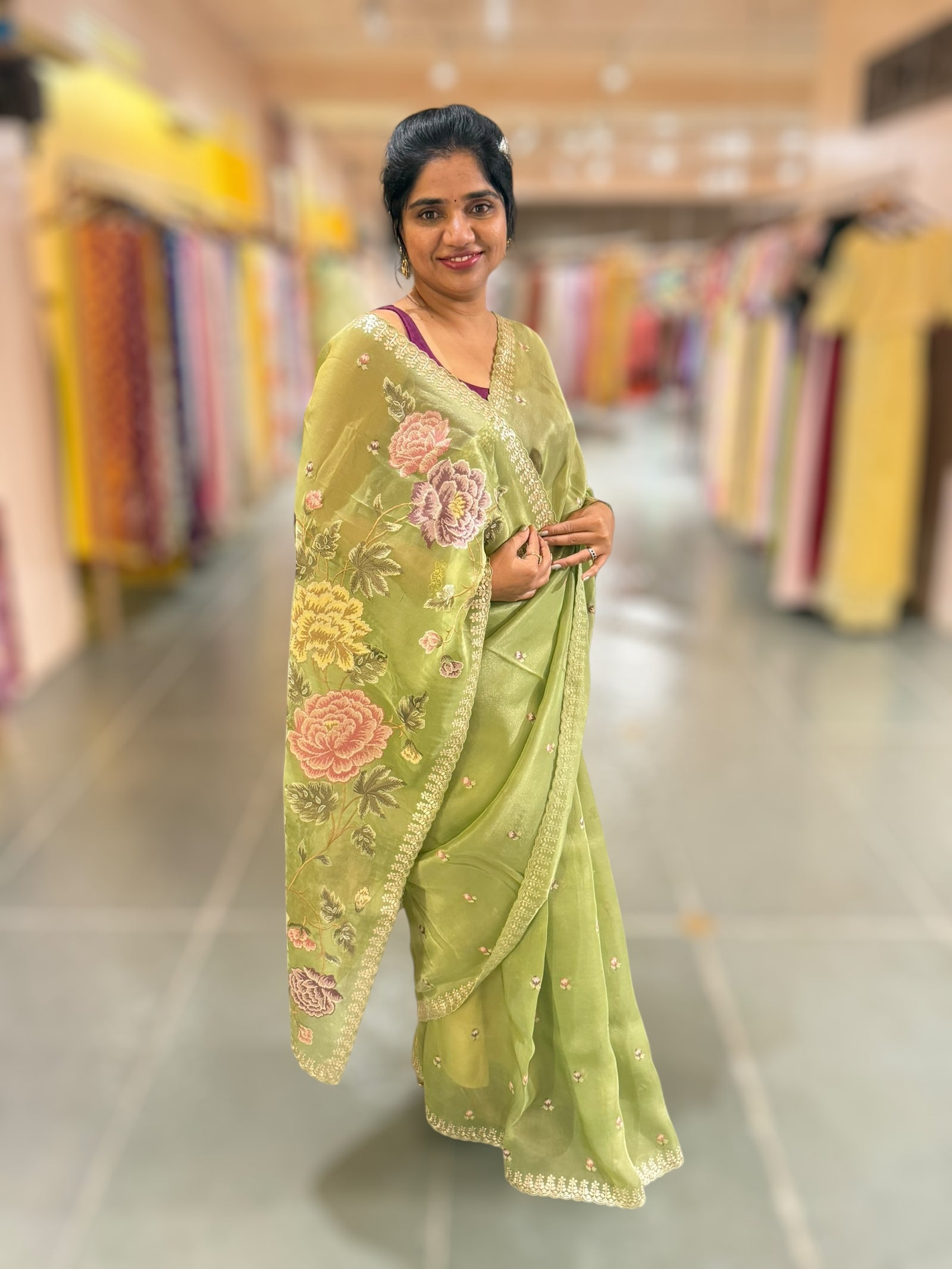 Light Olive Green Tissue Georgette Saree with petite point emb