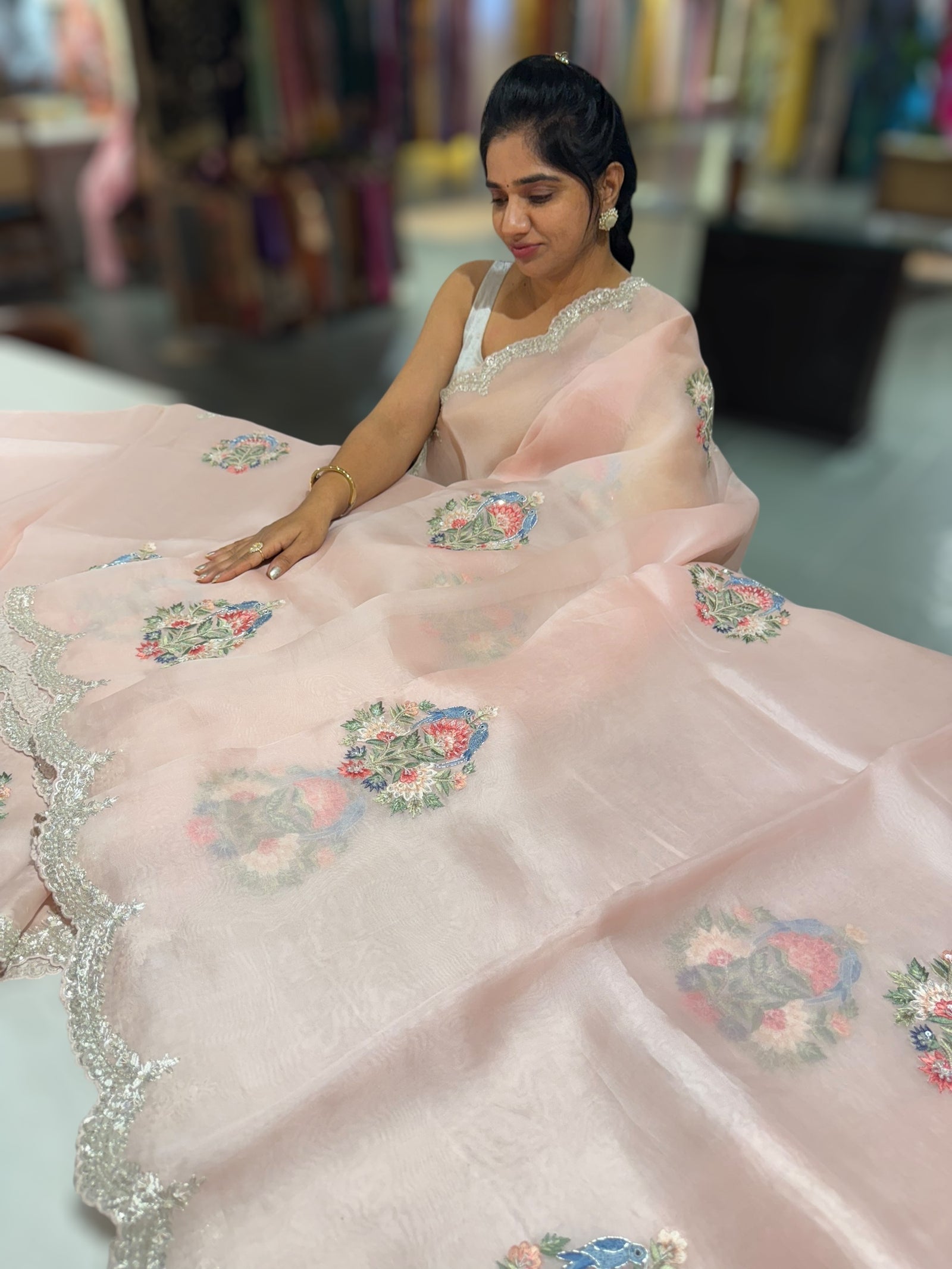 Pastel Pink pure Organza handwork saree