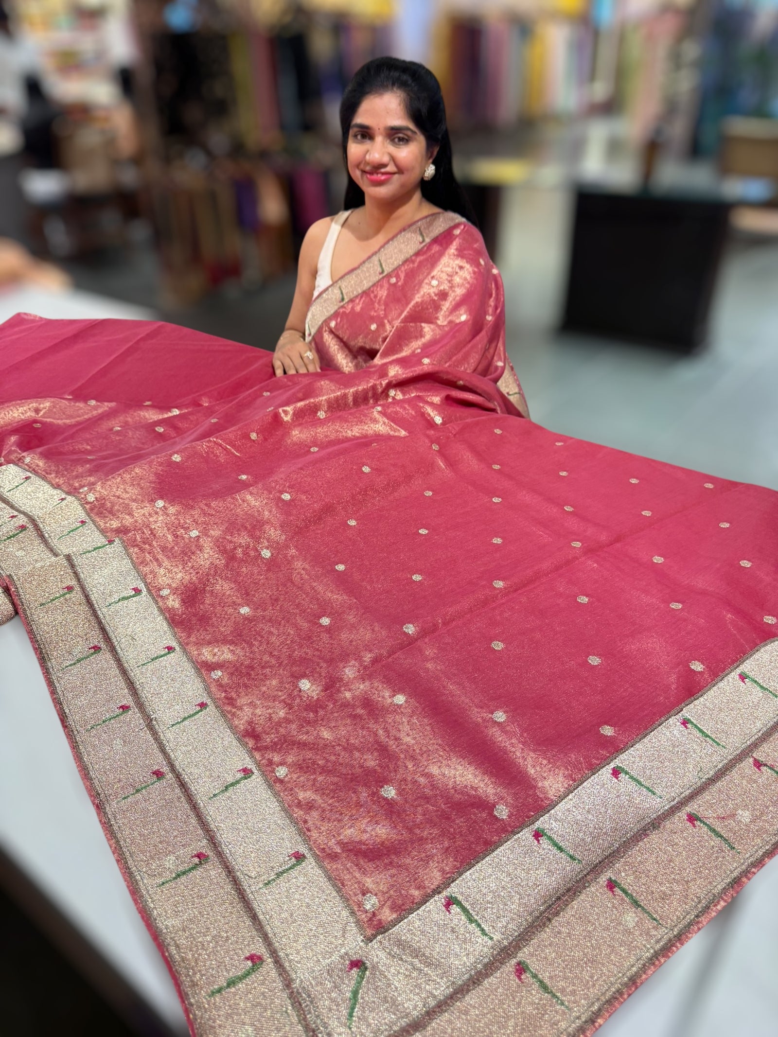 Ruby Pink Tissue Saree with pythani tissue embroidered border
