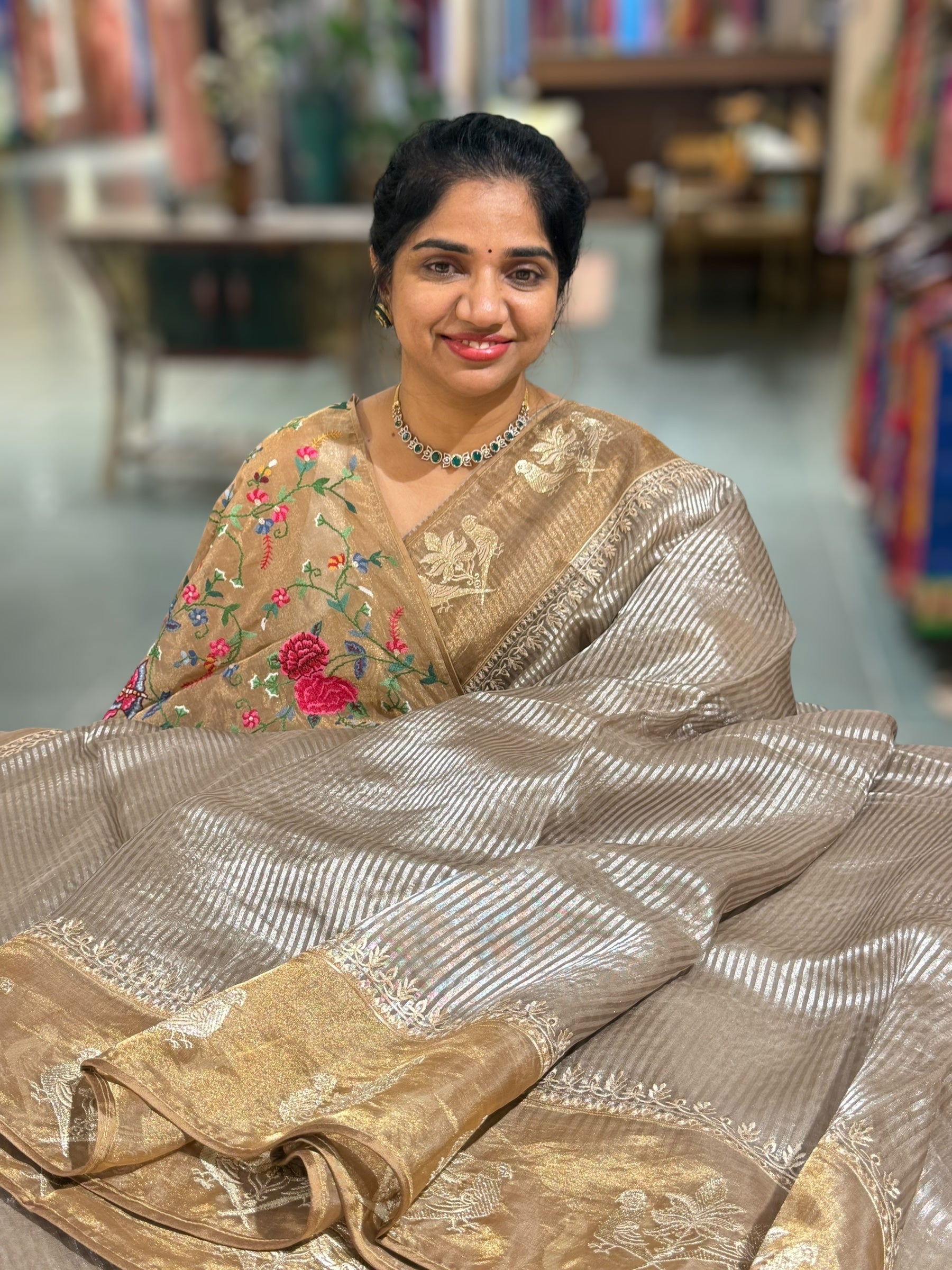 EarthyTone Kora tissue silver stripes Saree with double parrot  embroidered tissue border