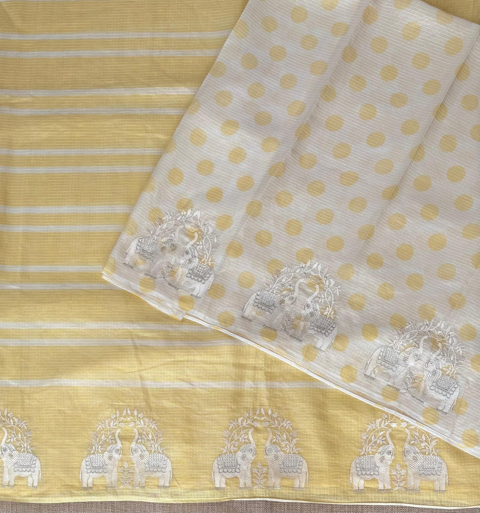 Pastel Yellow Designer Silk kota saree with elephant embroidered border