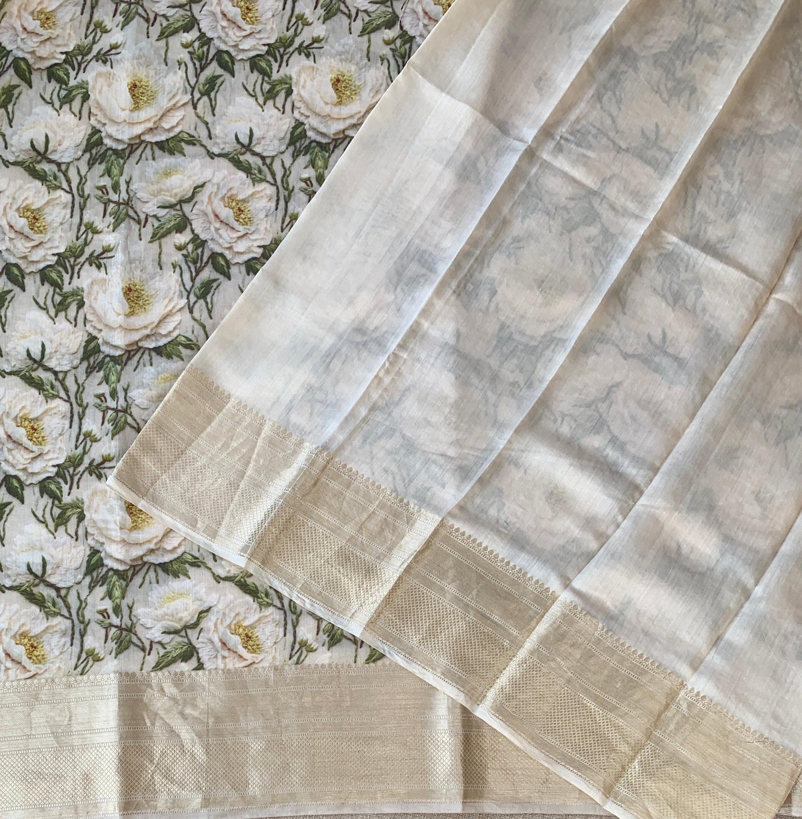 Ivory Pure Handloom Chiniya Silk Saree with stunning 3D Floral Print and zari borders