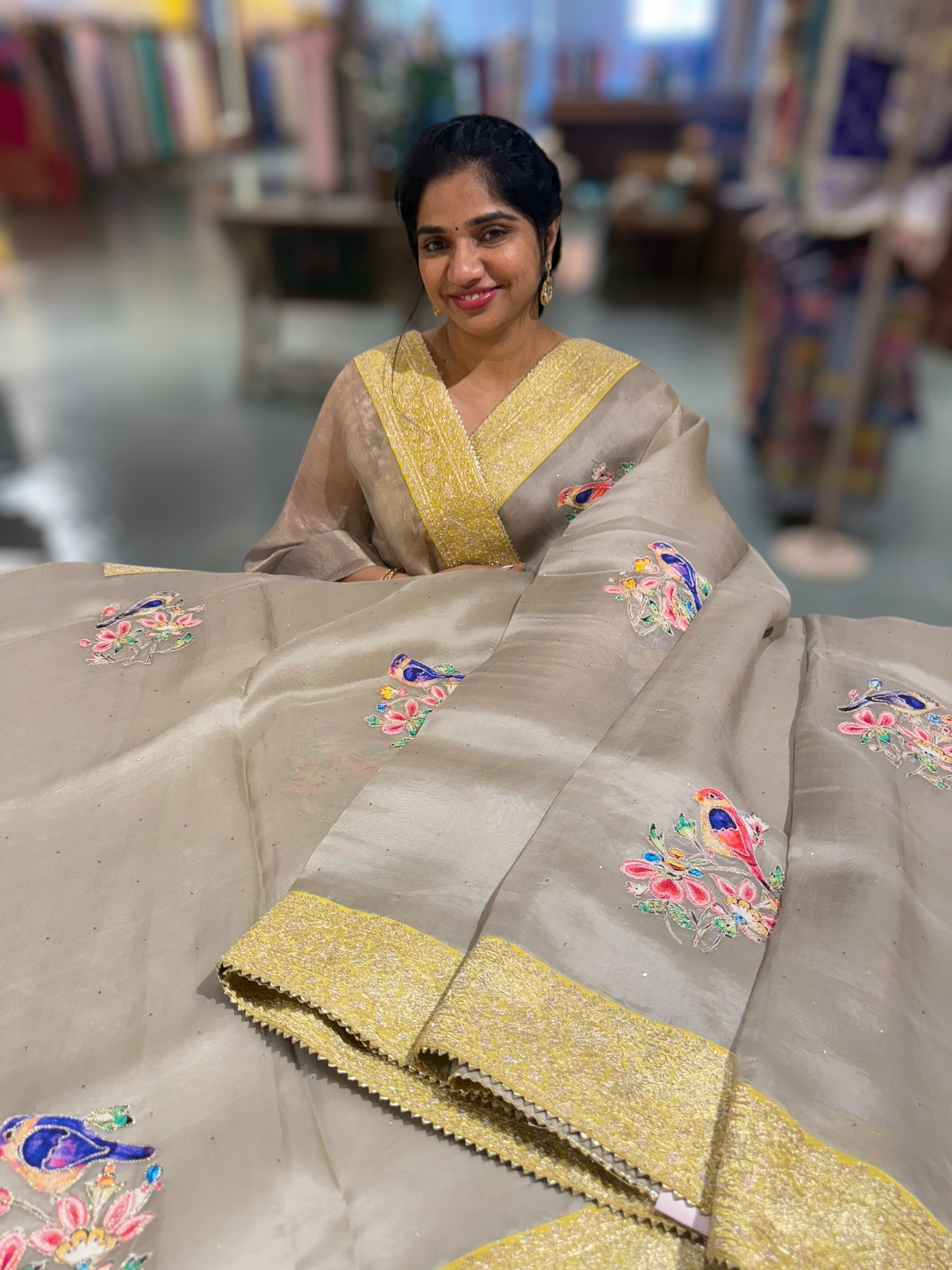 Earthy Tone Pure Organza Saree with banarasi pitawork border and bird applique motifs allover the saree