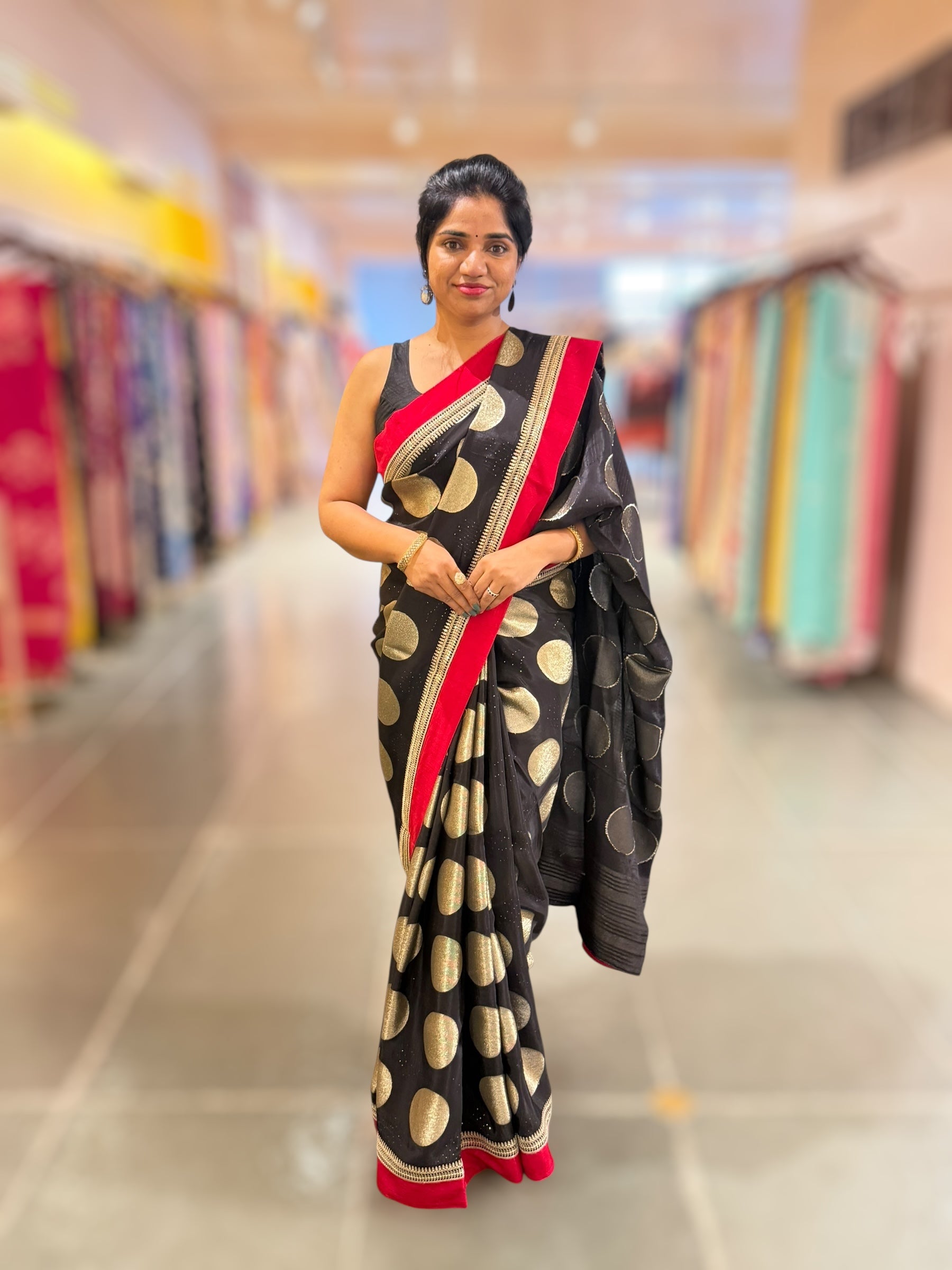 Black Crepe Silk Polka dot Saree with sabhyasachi Borders & Blouse
