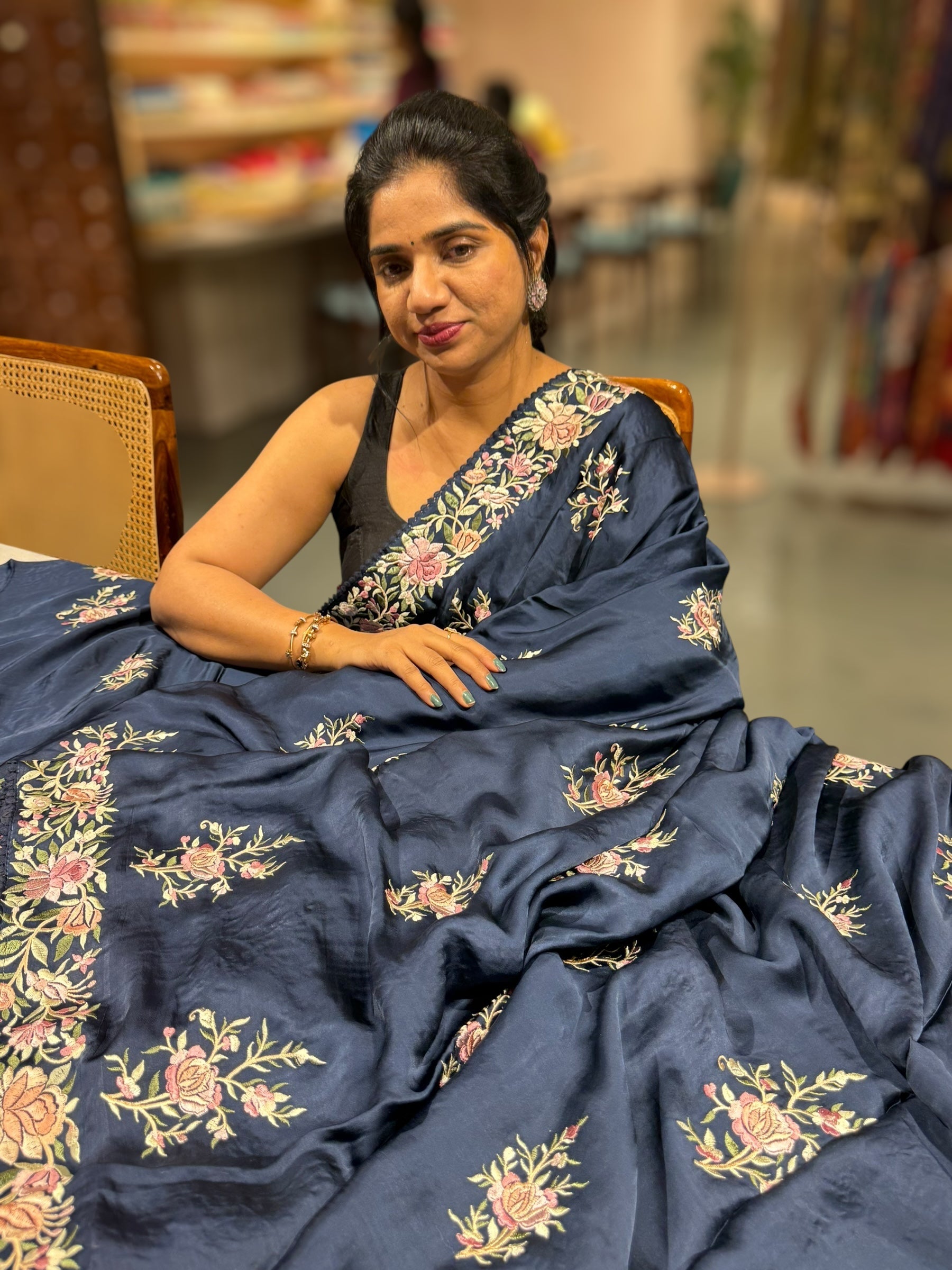 Midnight Blue Satin Saree with Parsi Gara embroidery