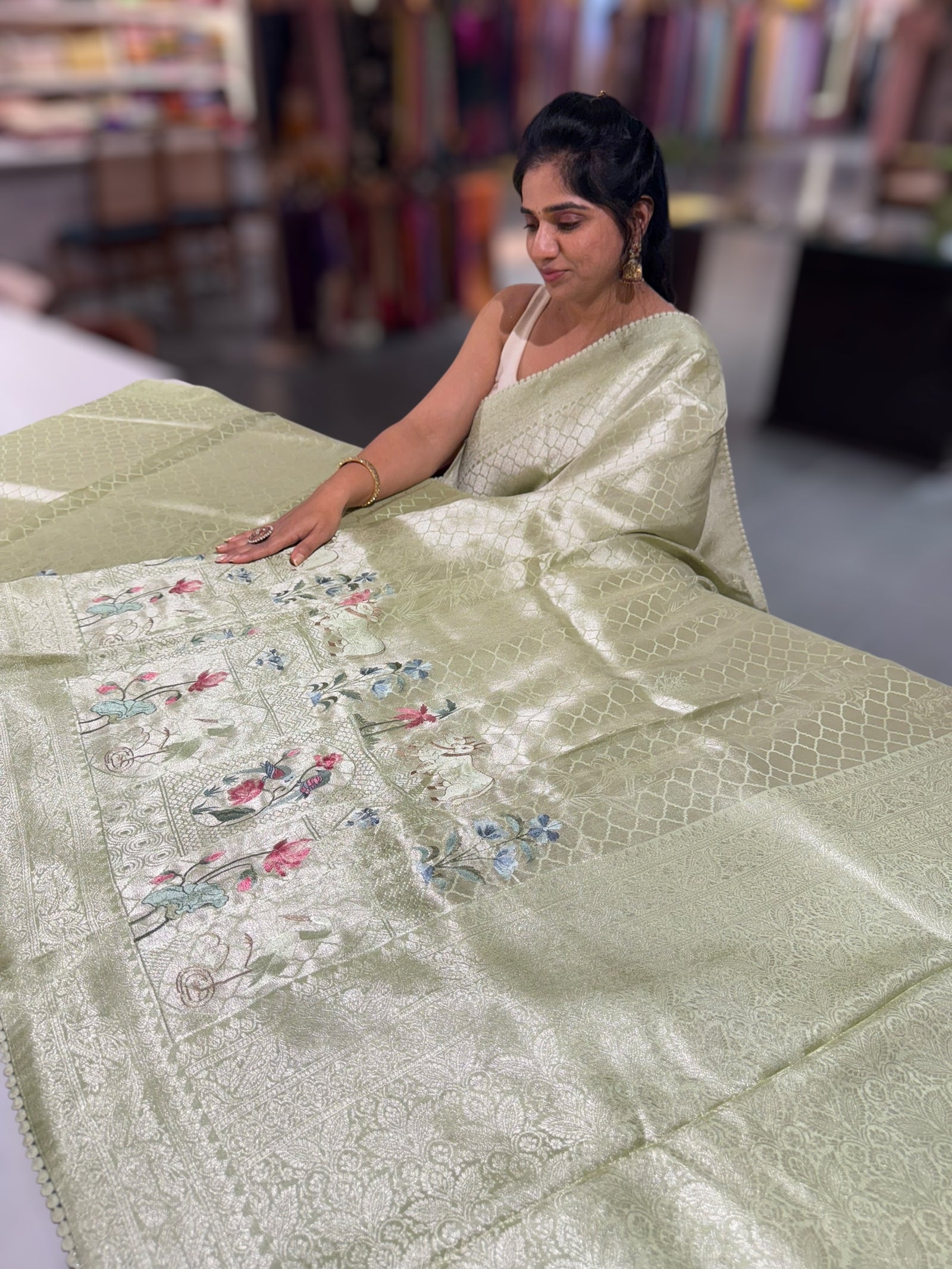 Seagreen Fancy Banarasi Tonchoi style saree with embroidery