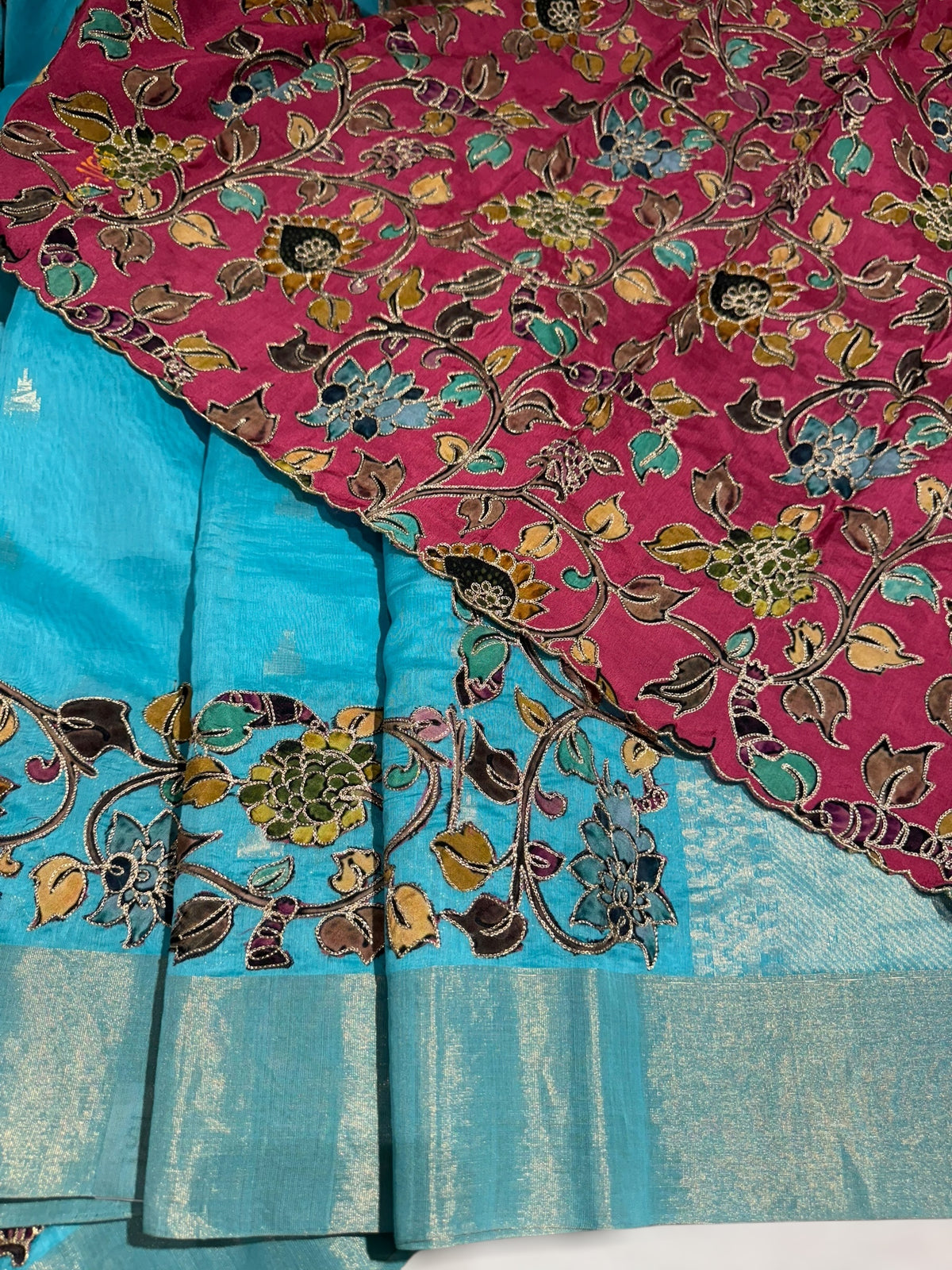 Teal Blue chanderi silk cotton saree with kalamkari applique border