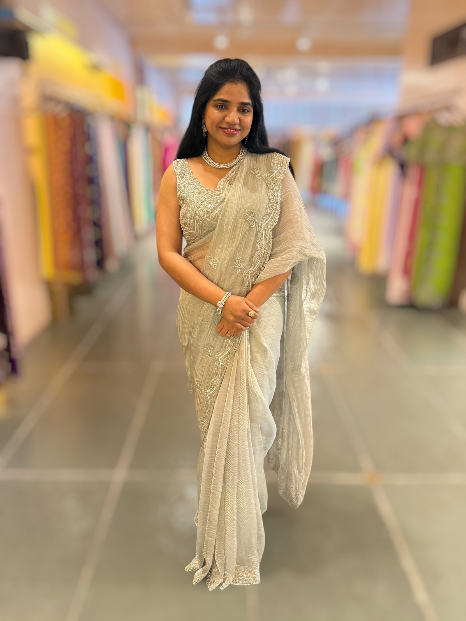 Pastel Bluish silver Crush Tissue handwork Saree