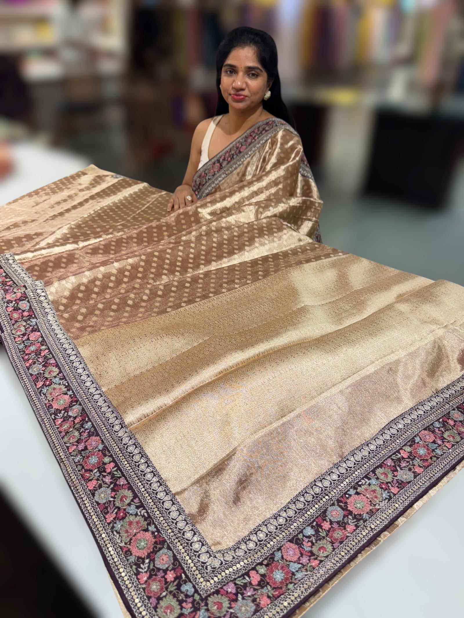Antique Brown Banarasi brocade tissue saree with sabhya borders