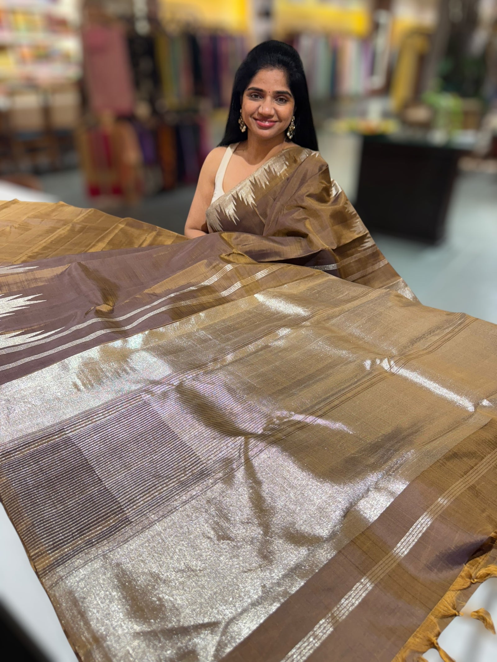 Light Brown Vintage kanchi Saree with temple border