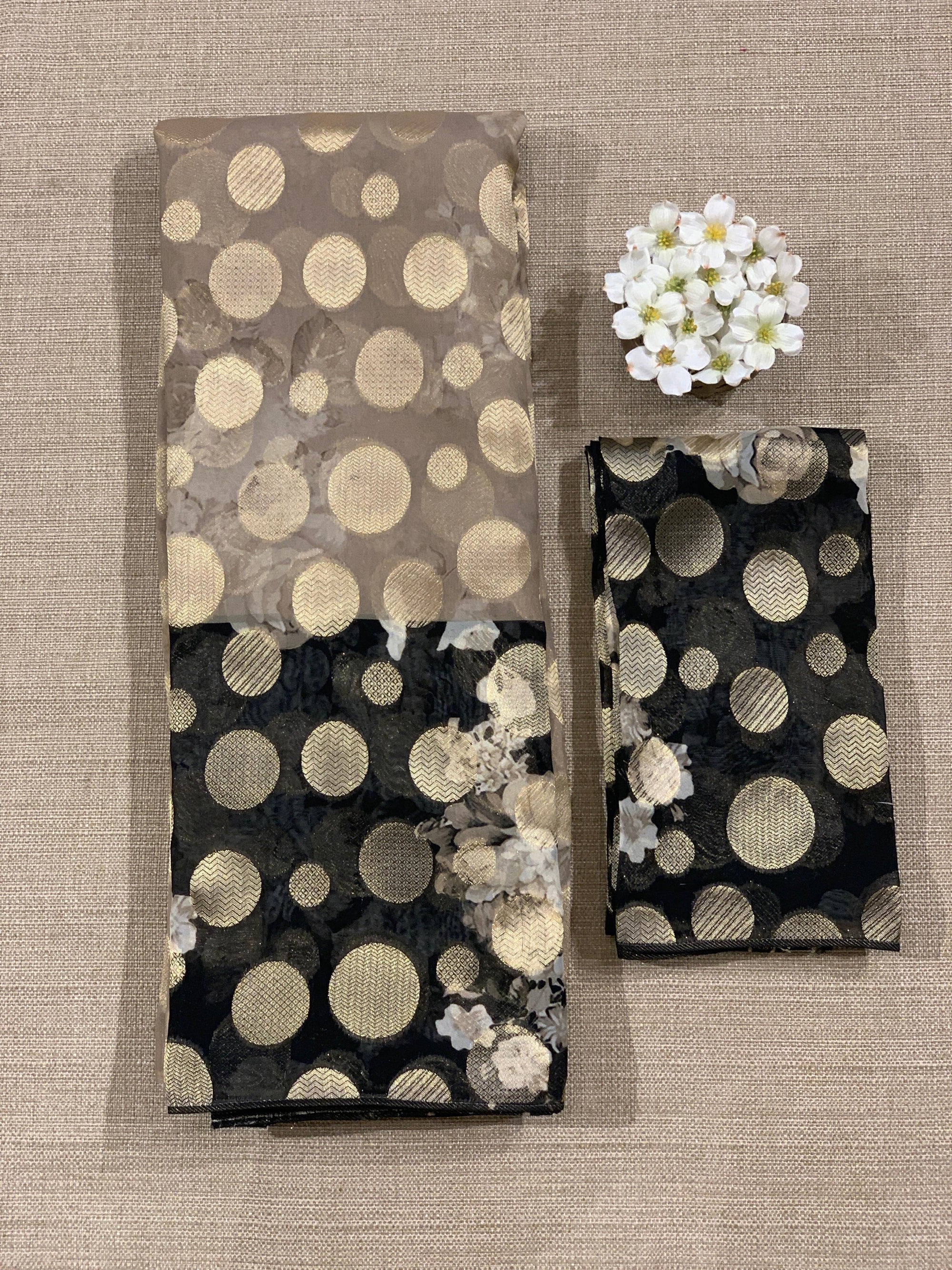 Chikoo Banarasi Kora Gorgette Polka dot Printed Saree