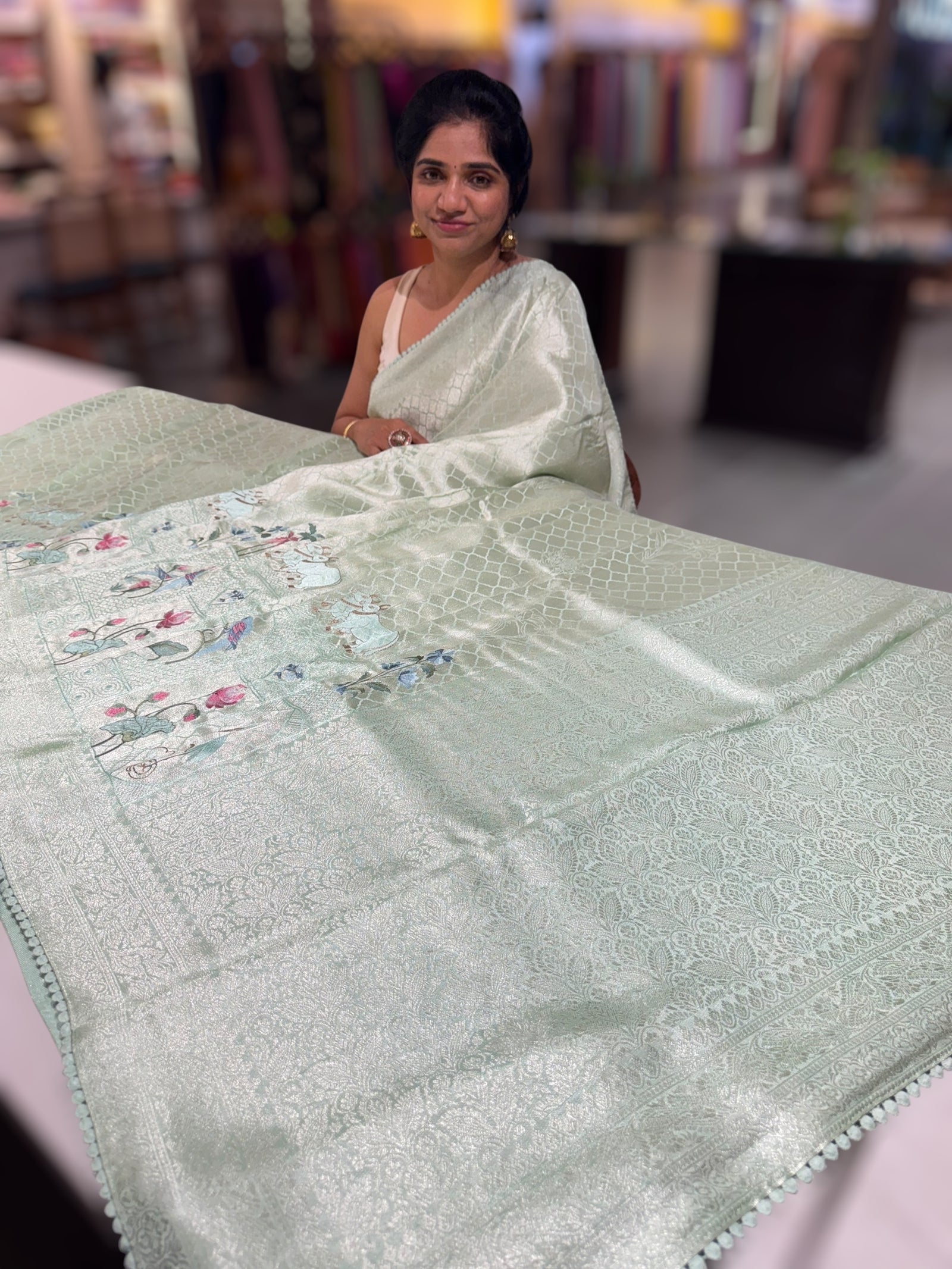 Mint Fancy Banarasi saree with embroidery