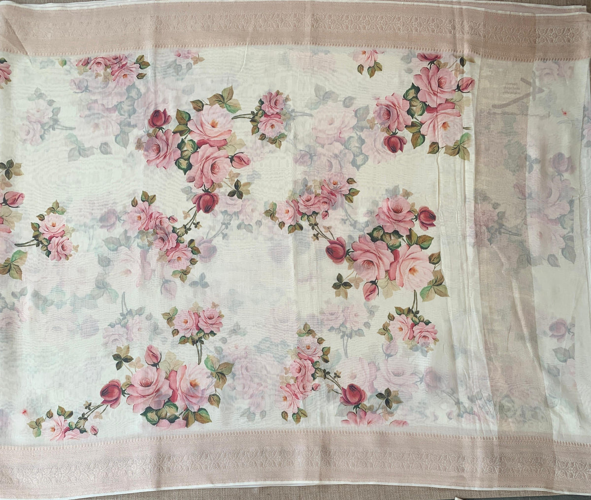 Ivory Pure Handloom Chiniya Silk Saree with stunning Floral Print and zari borders