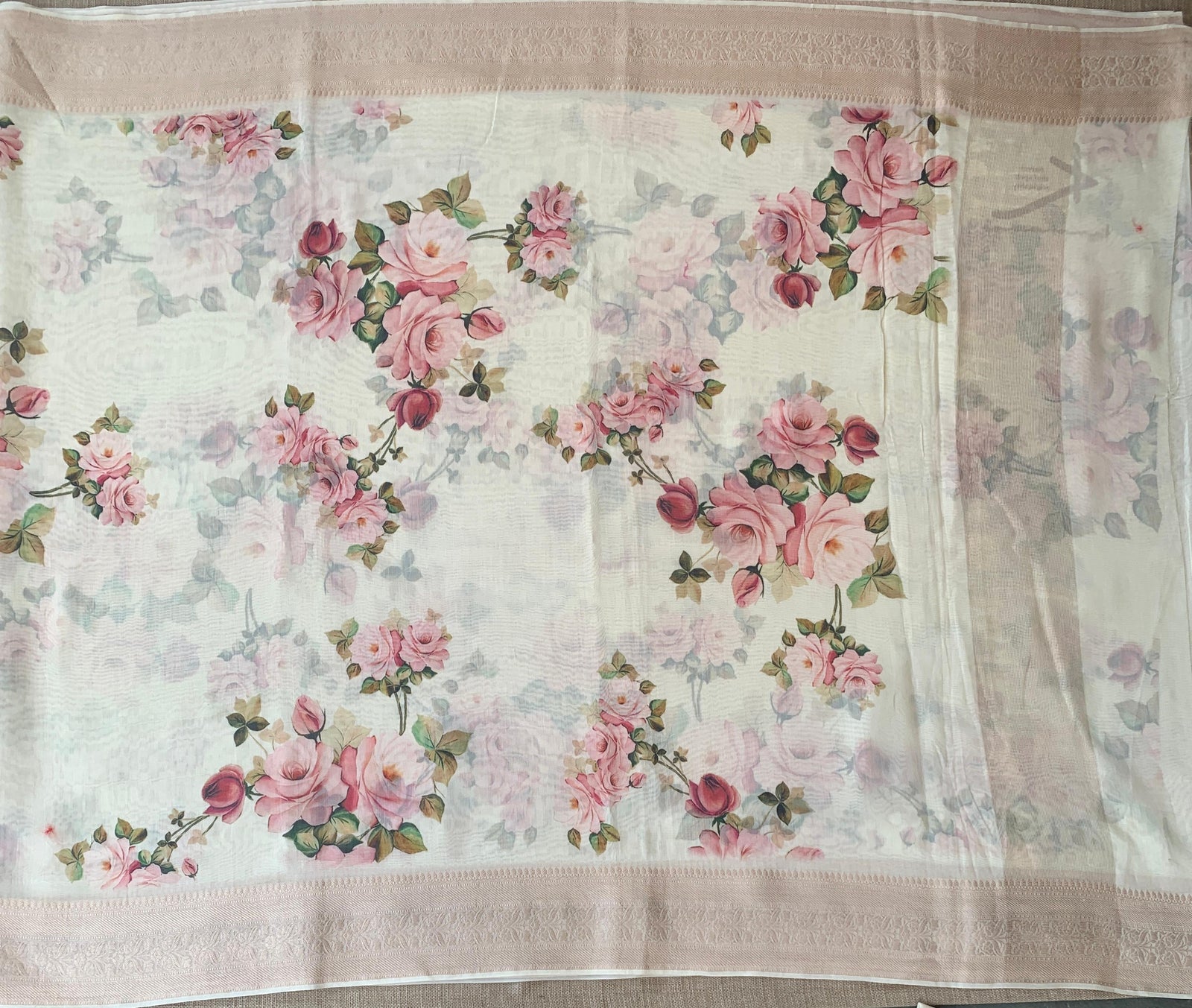 Ivory Pure Handloom Chiniya Silk Saree with stunning Floral Print and zari borders