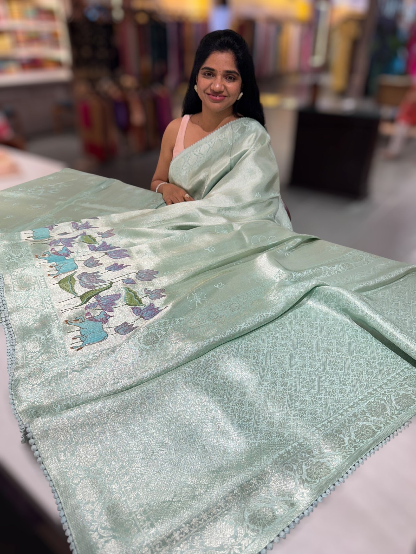Mint Blue Banarasi Brocade tissue saree with pichwai embroidery