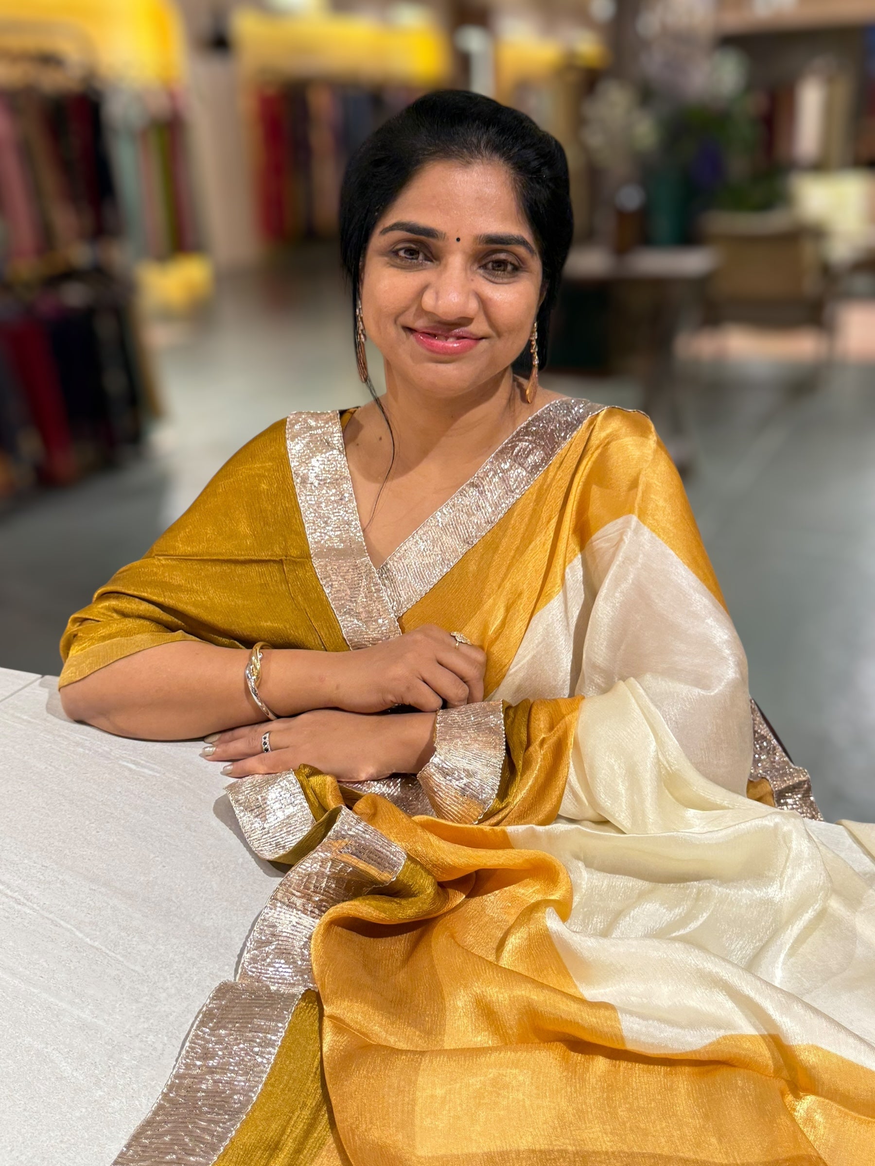 Ivory & mustard combo Chinnon Crepe Saree with Gotapatti Borders