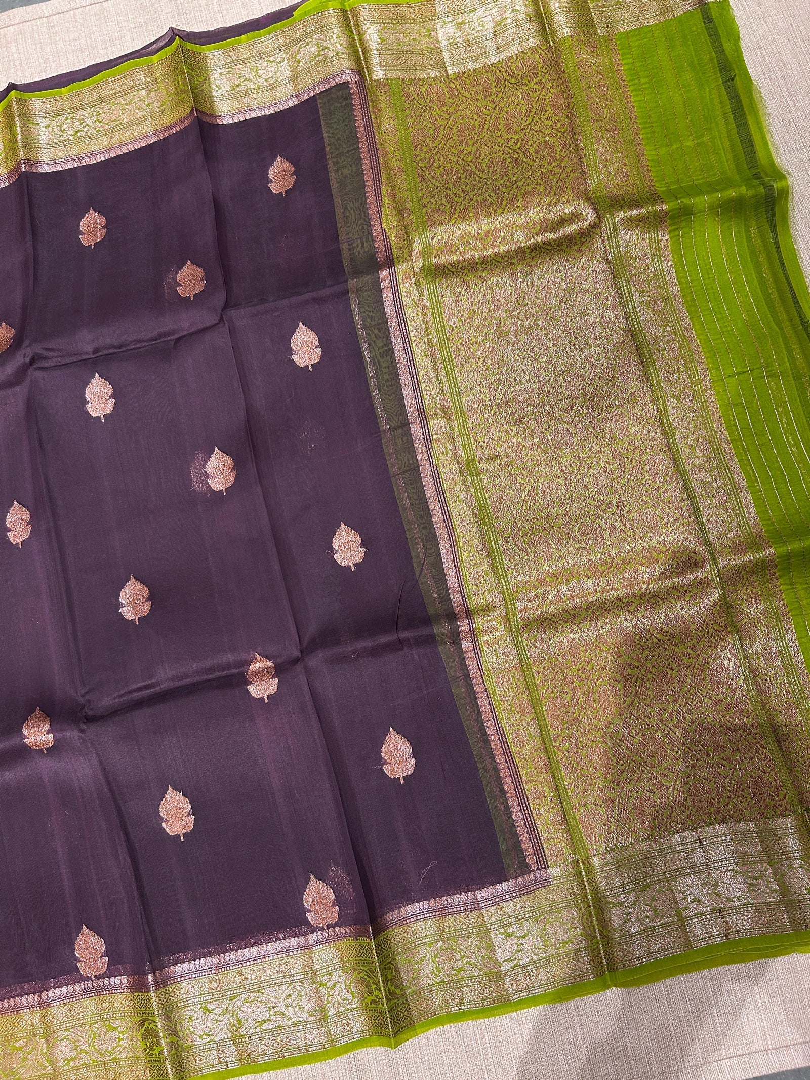 Coffee Brown & parrot Green combo Pure Handloom premium Kora Banarasi Saree