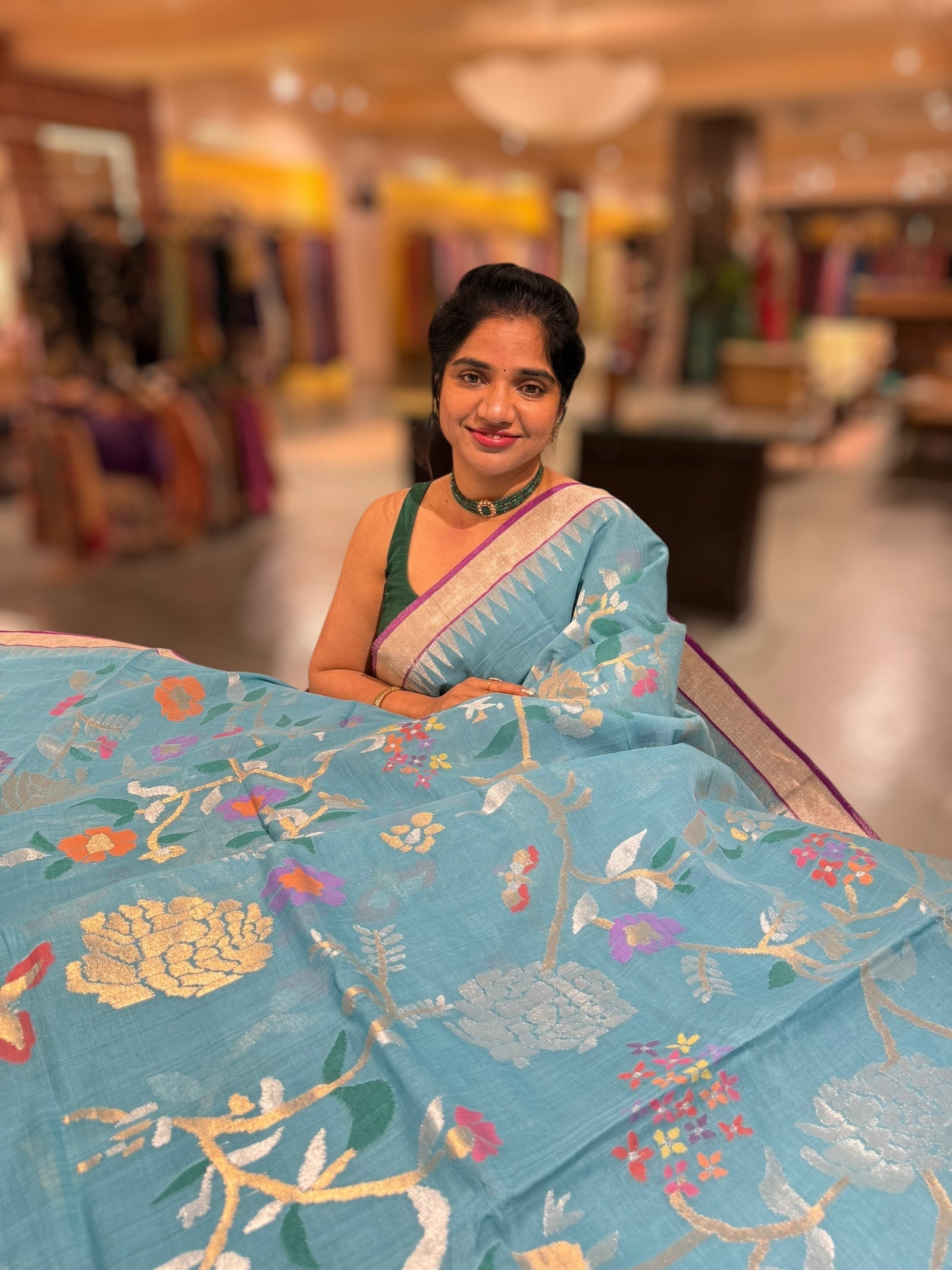 Blue Ponduru Khadi Jamdani Allover Meenkari Weaving Saree