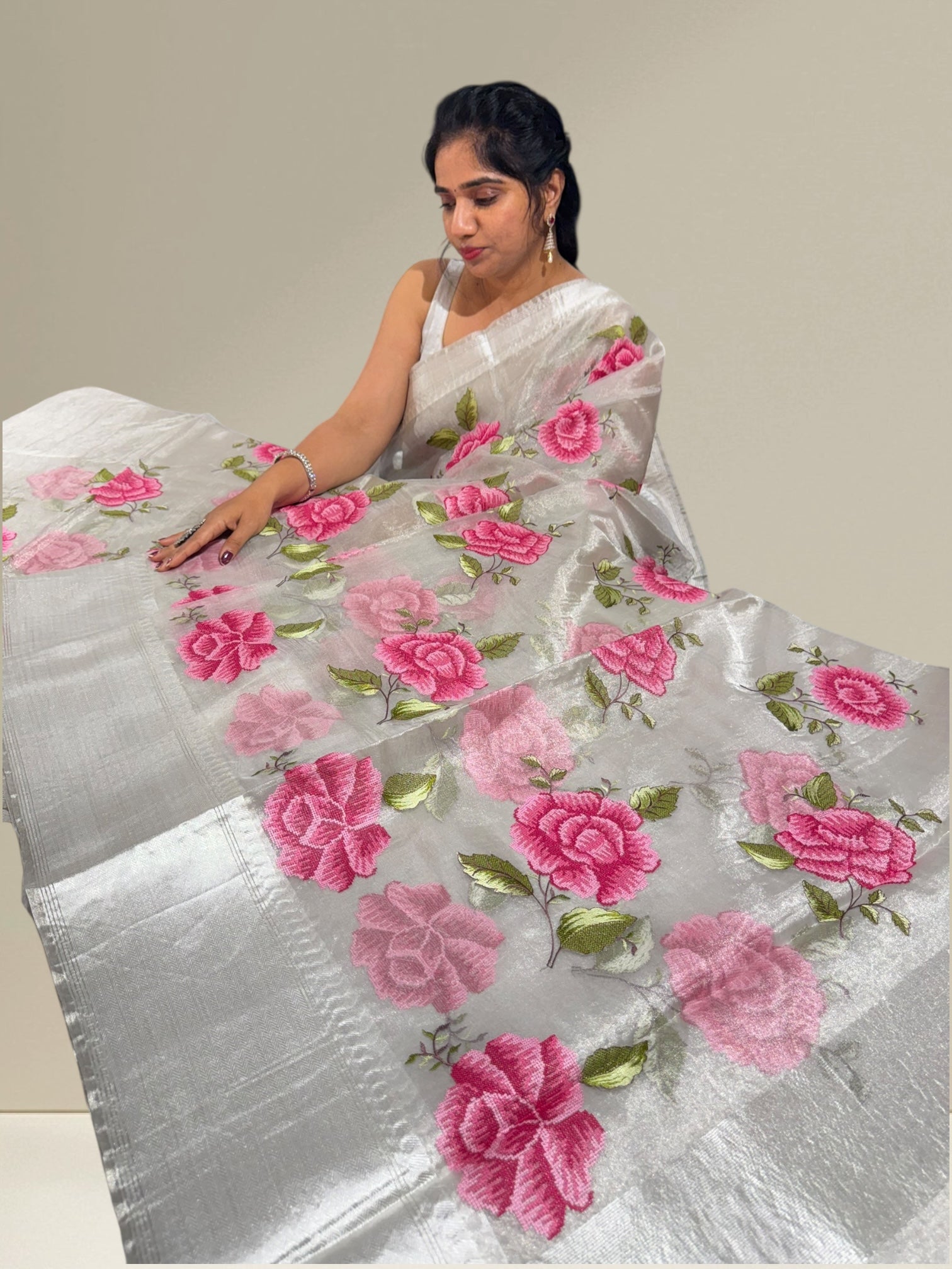 Silver tissue saree with embroidery