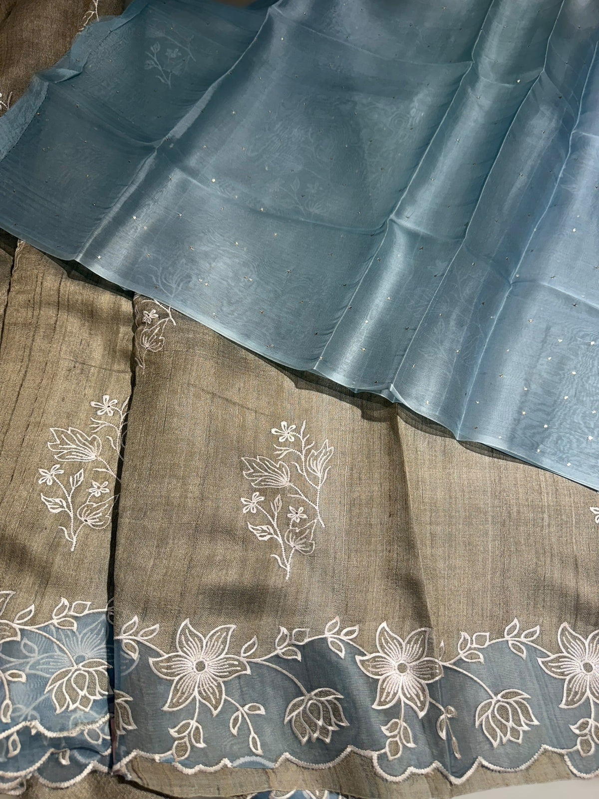 Chickoo Pure Handloom Tussar Saree with embroidery