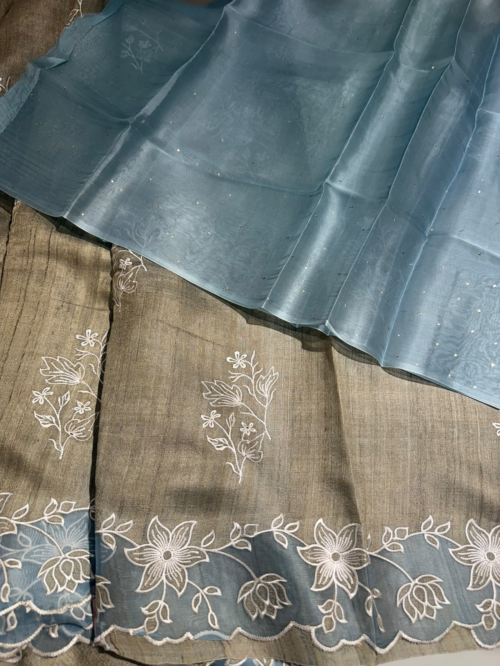 Chickoo Pure Handloom Tussar Saree with embroidery