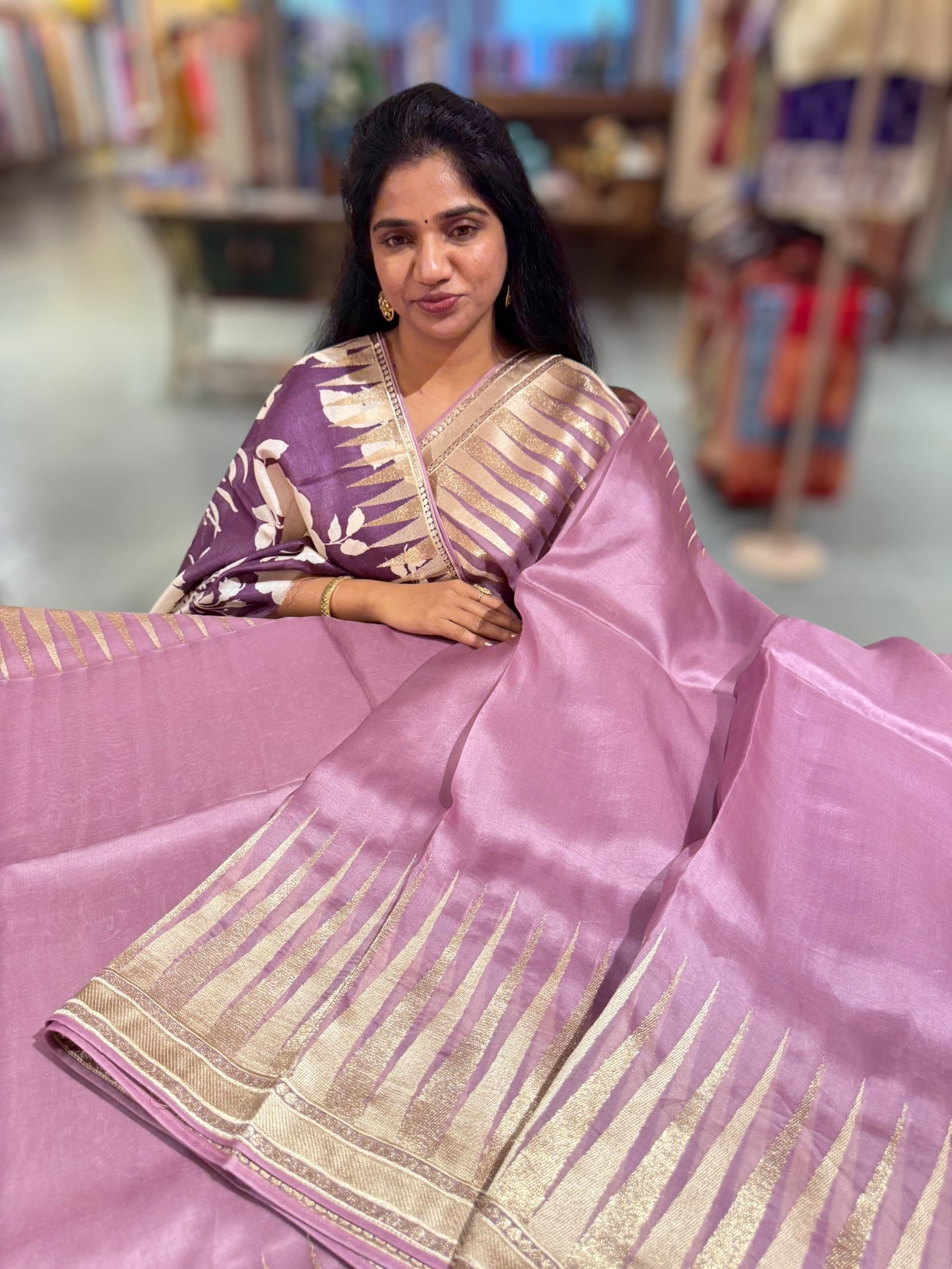 Mauve Pure Organza With Temple Embroidered Border & Tussar Printed Blouse