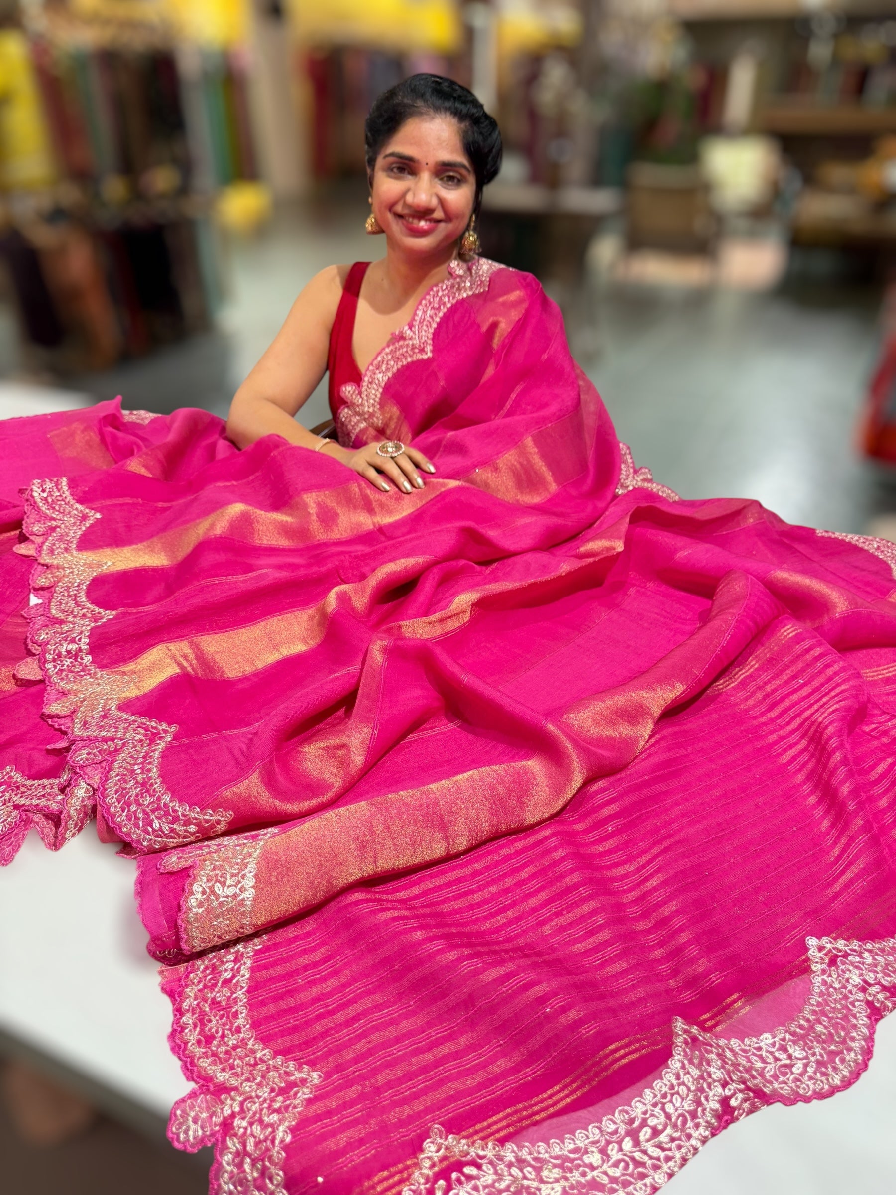 Rani Organza and Tissue stripes Saree with Pita Embroidery