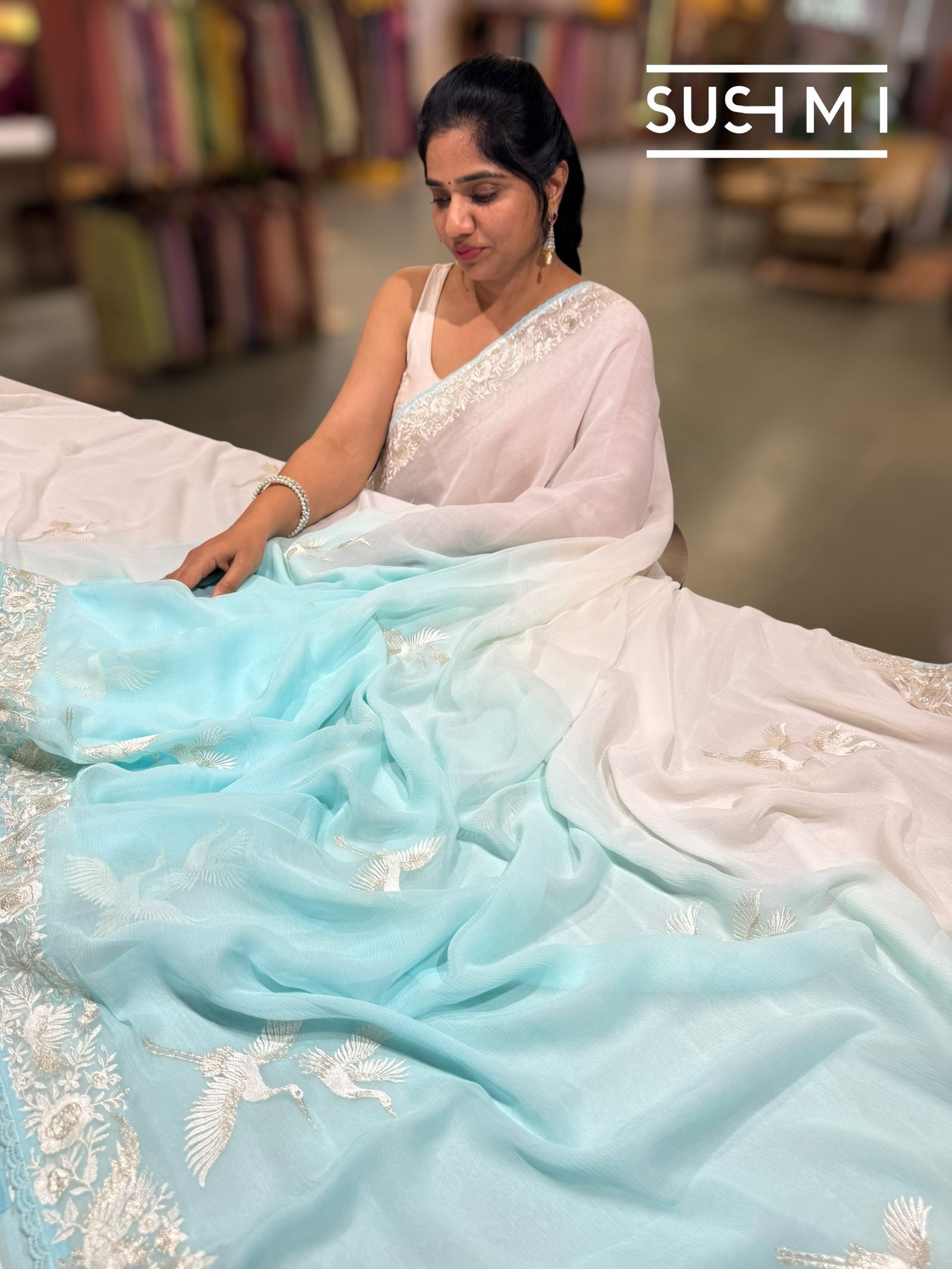 Pastel Blue ombre dyed pure chiffon saree with parsigara embroidery : S62F070