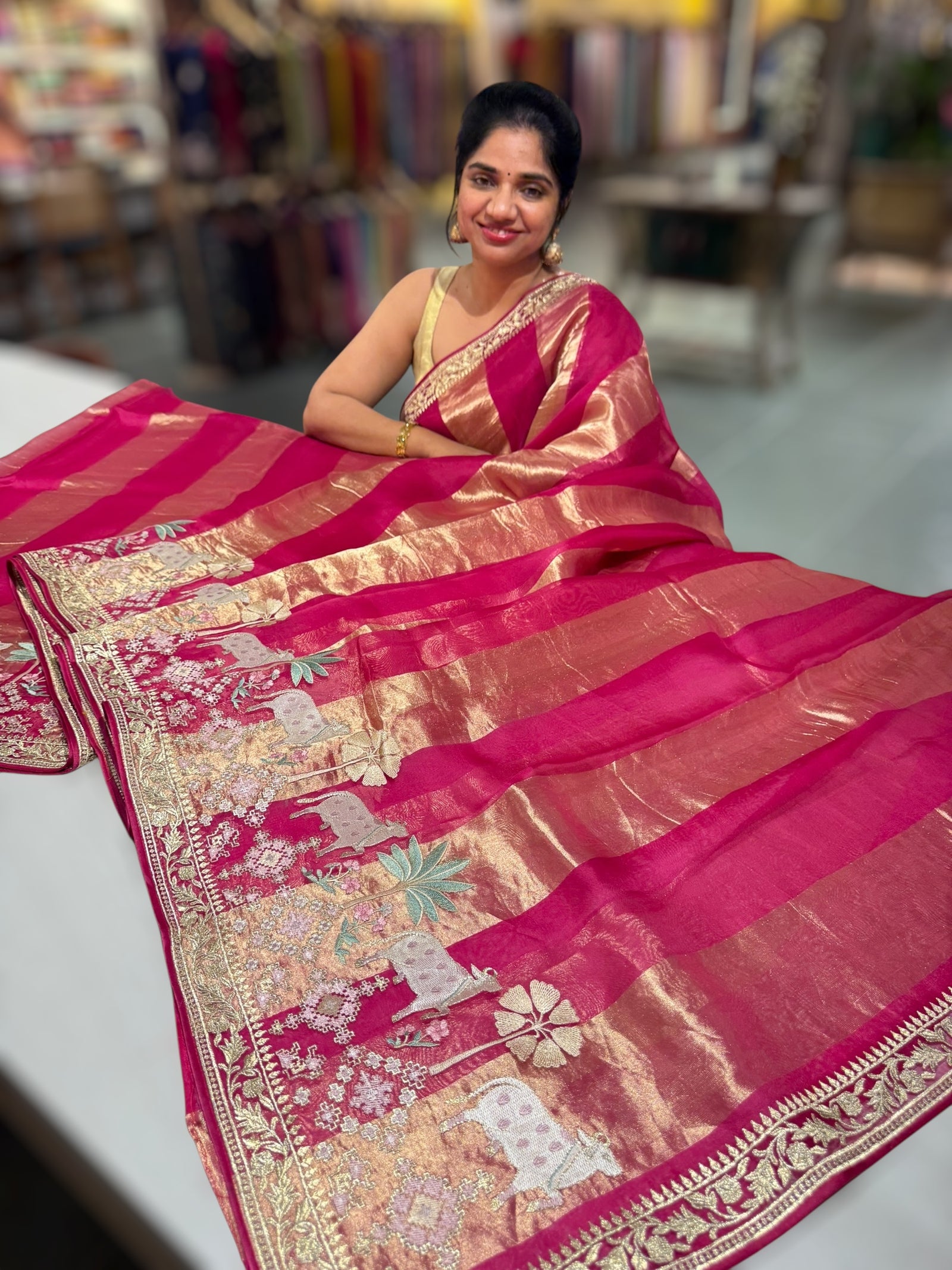 Dark Pink Kora Tissue Stripes Saree With Jamdani  & Pichwai embroidered Border