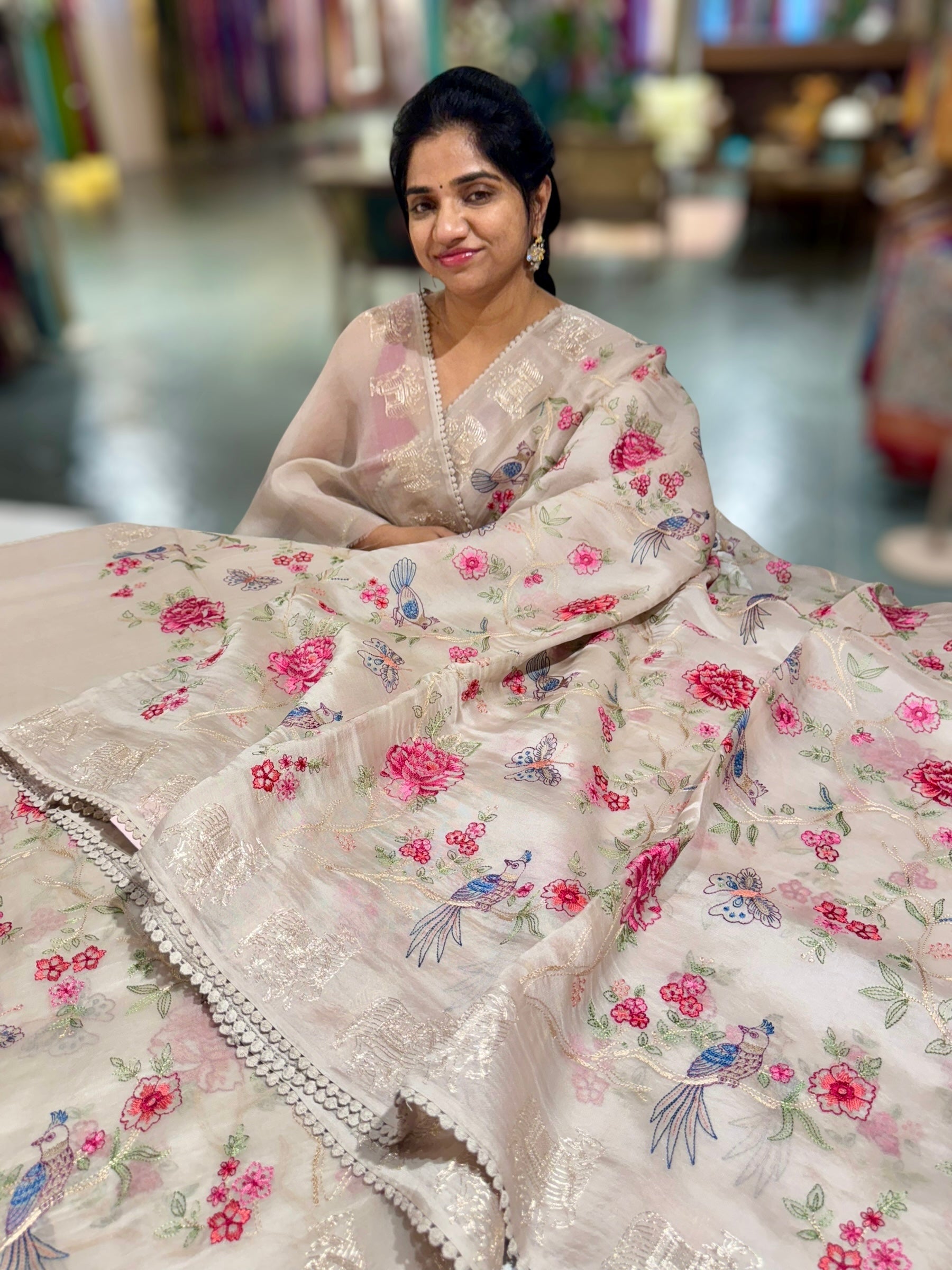 Taupe Organza Saree with Allover floral Embroidery