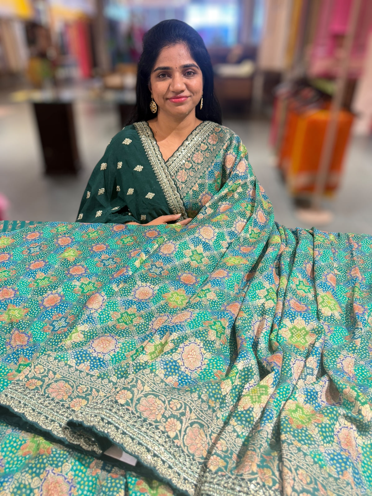 Emerald Green &amp; Blue Banarasi bandhini georgette