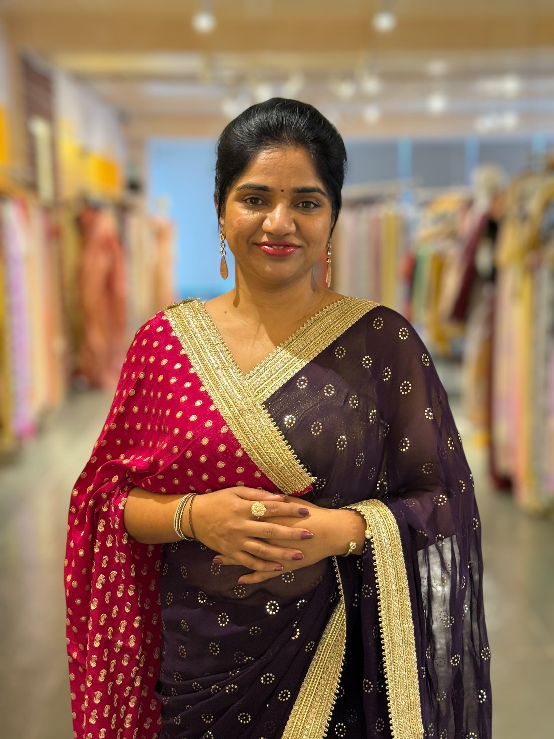 Violet Georgette Saree with stick on Badla in flower pattern