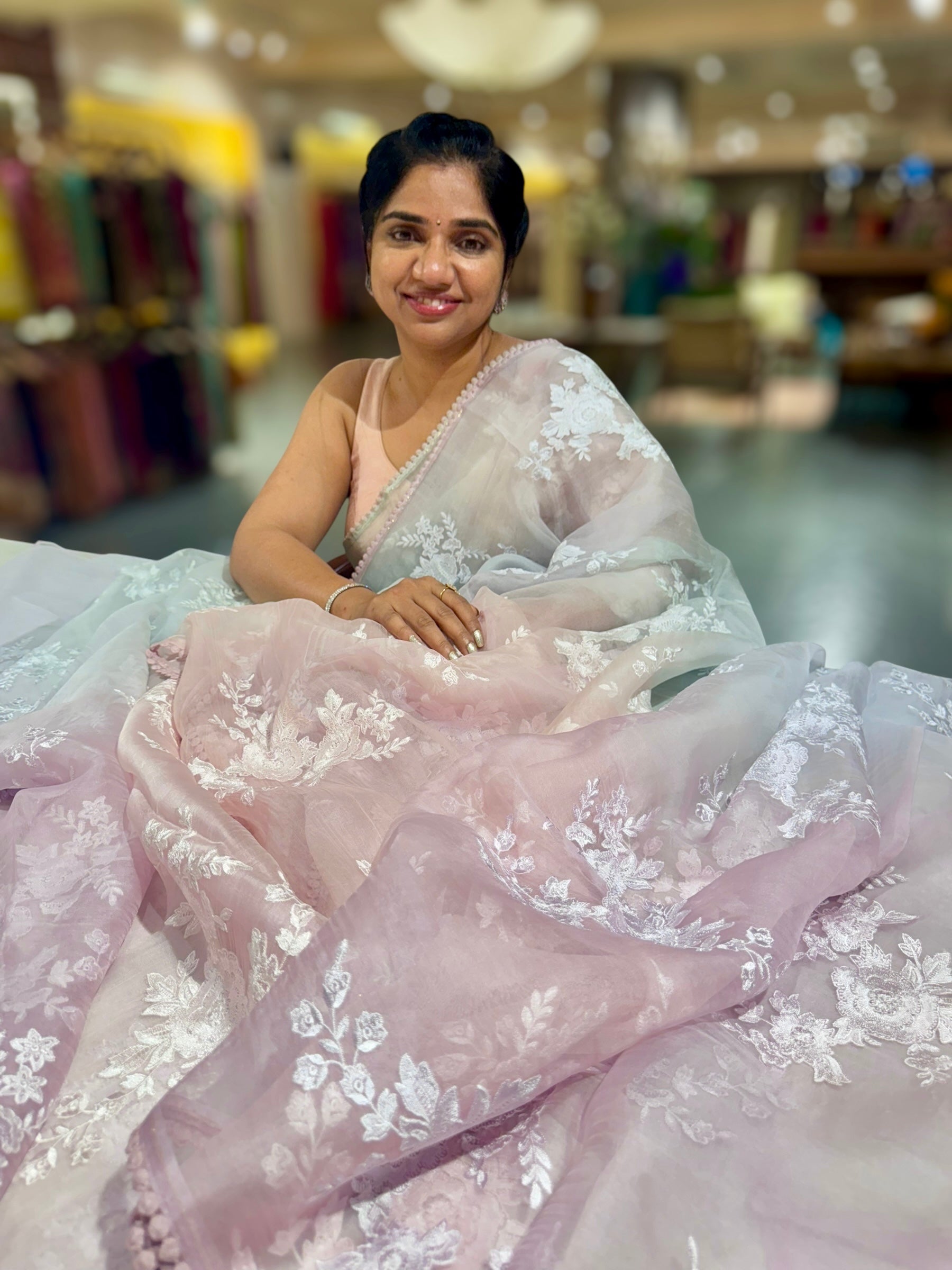 Pure Muslin Ombre Dyed Saree With allover Embroidery