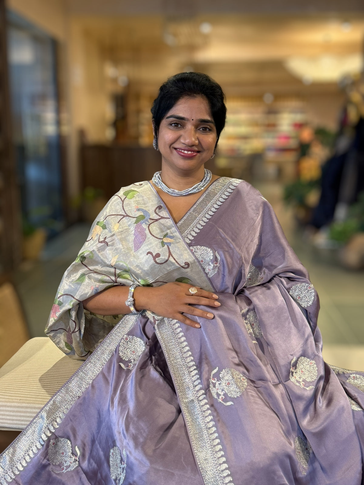 Lilac Satin Saree with Embroidery.