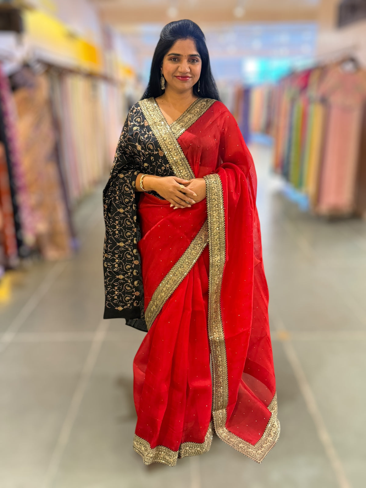 Red Organza with sabyasachi borders