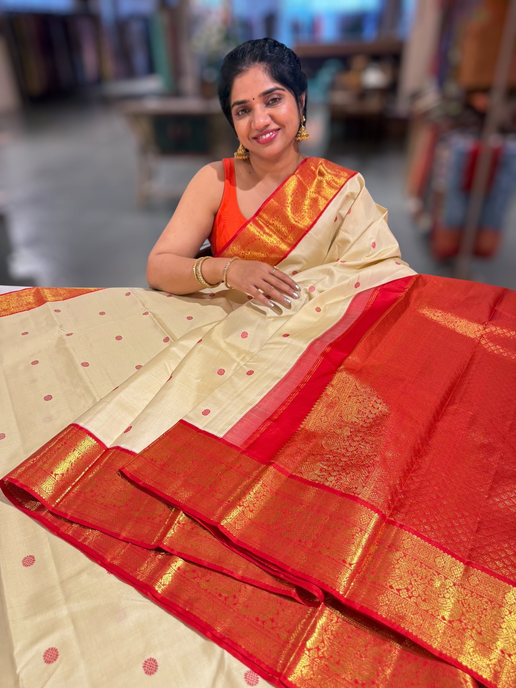 Ivory & Reddish Orange Combo Kanchi Vintage Saree